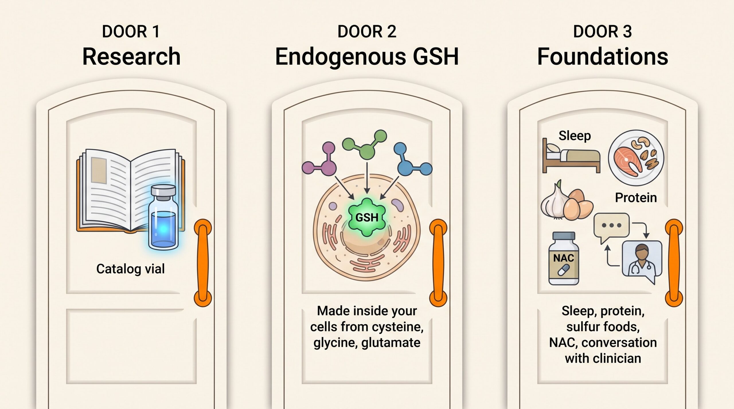 Three doors comparison for glutathione: research catalog vial, endogenous GSH synthesis inside cells, and foundation habits.