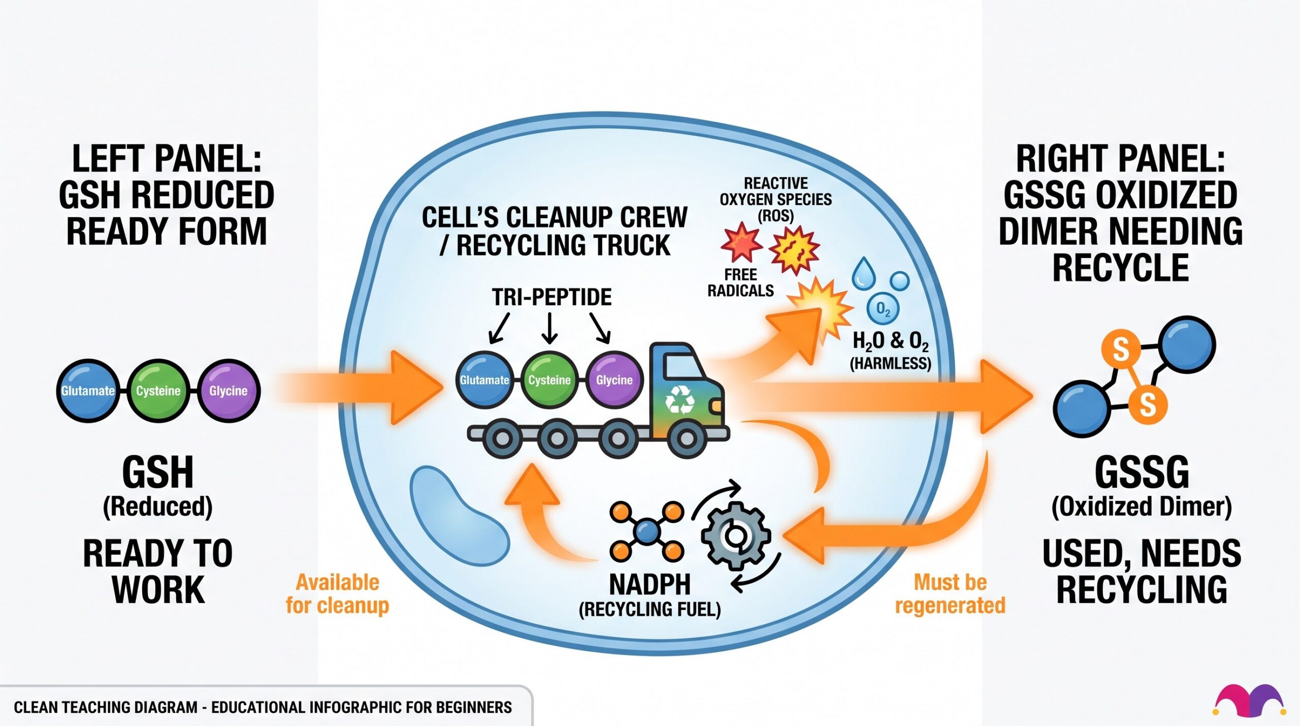 Teaching diagram: glutathione as the cell cleanup crew — GSH reduced ready form versus GSSG oxidized dimer that needs recycling.