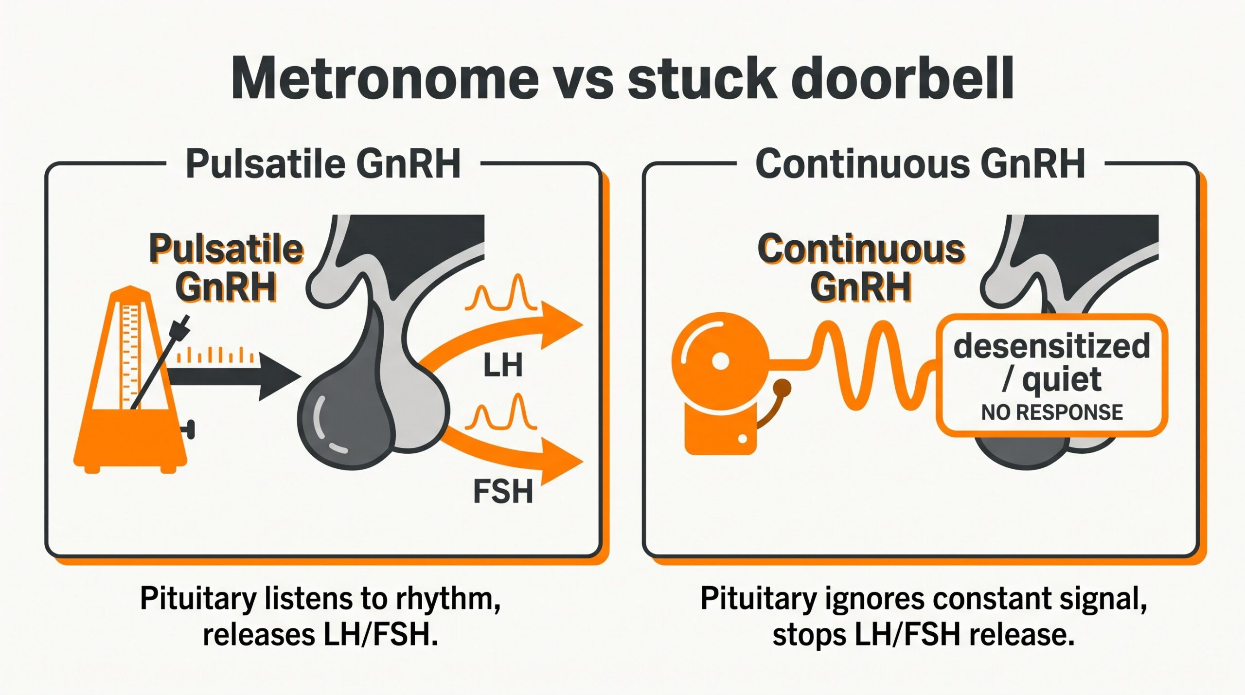 Teaching diagram: pulsatile GnRH as a metronome the pituitary responds to versus continuous GnRH as a stuck doorbell that desensitizes the pituitary.