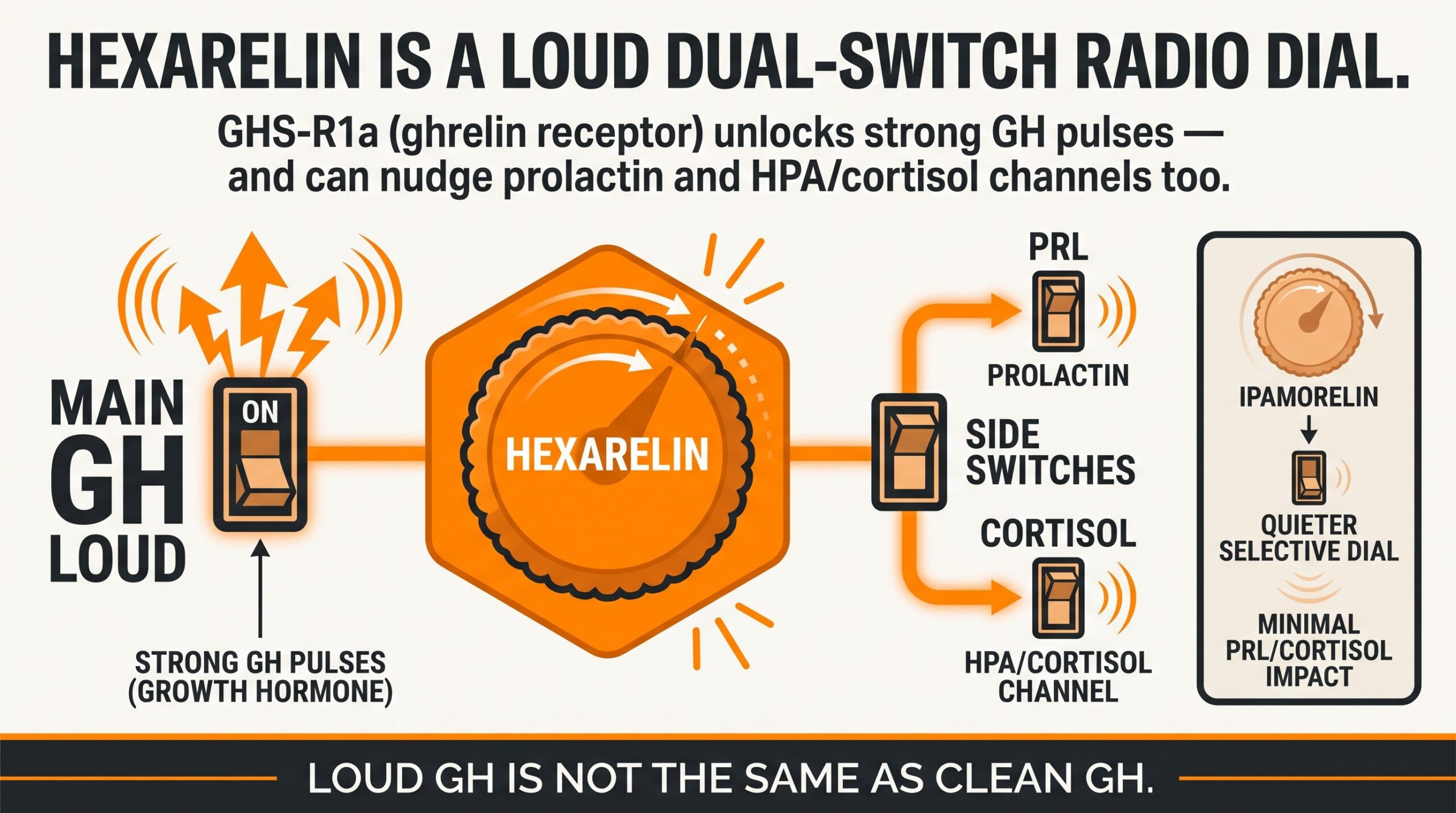 Teaching diagram: hexarelin as a loud dual-switch radio dial on GHS-R1a unlocking strong GH pulses with side channels for prolactin and cortisol.