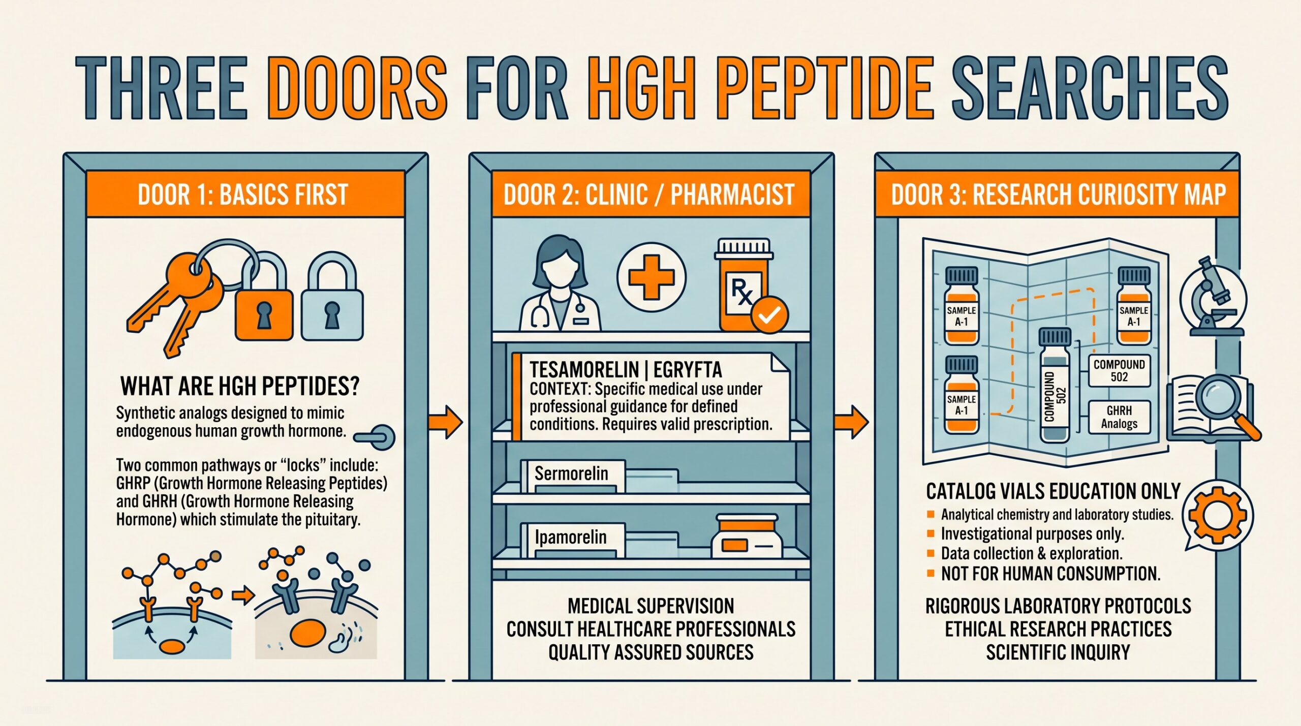 Teaching diagram: three doors for HGH peptide searches — basics first, clinic or pharmacist, and research curiosity map.