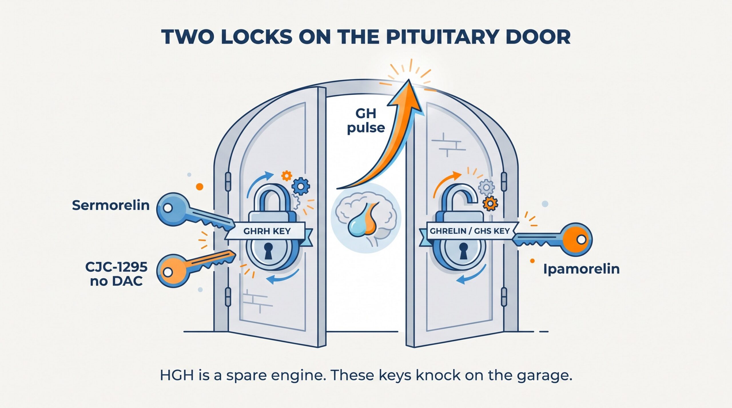 Teaching diagram: HGH peptides as two locks on the pituitary door — GHRH keys versus ghrelin/GHS keys.