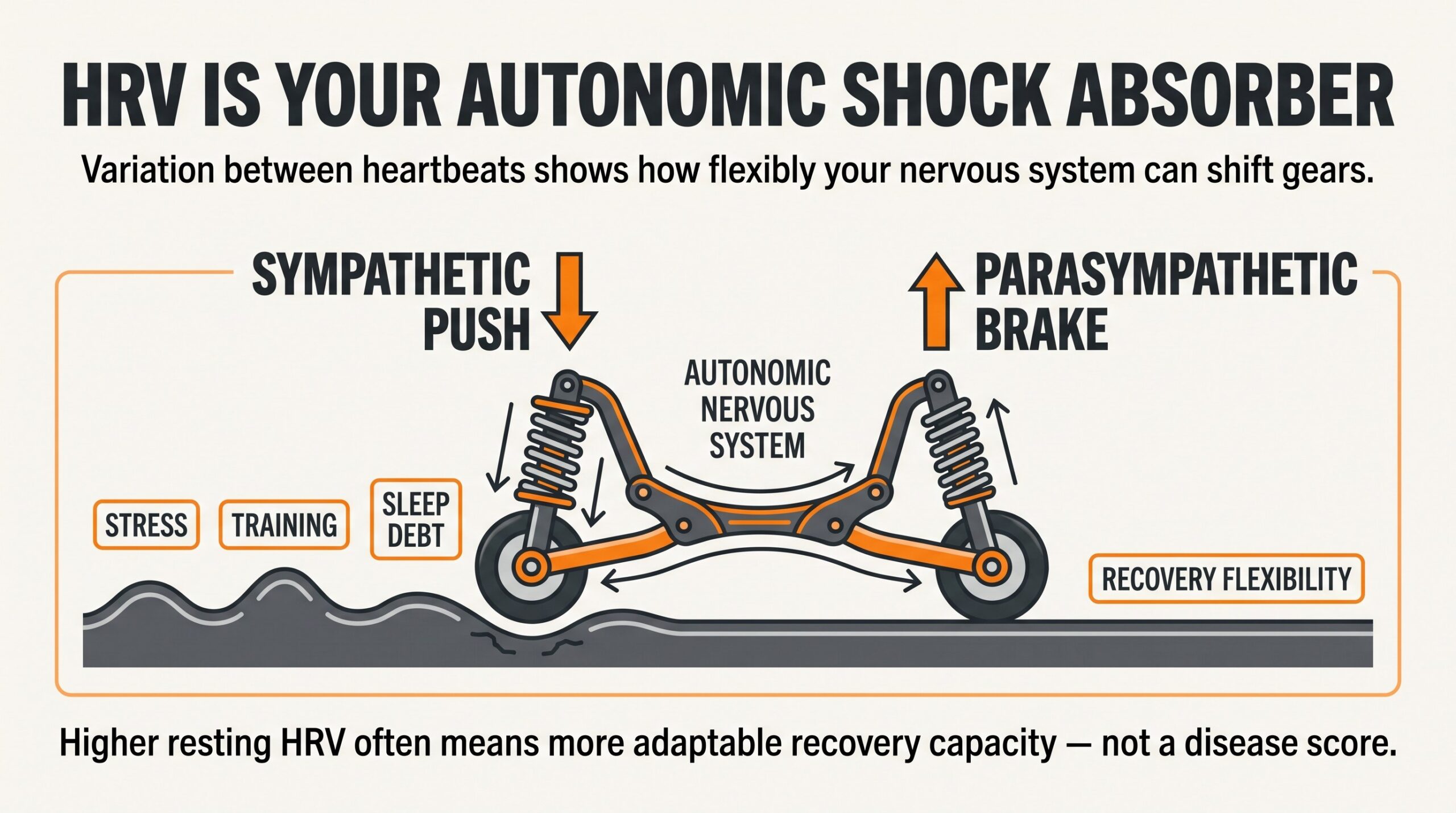 Teaching diagram: HRV as an autonomic shock absorber between stress load and recovery flexibility.