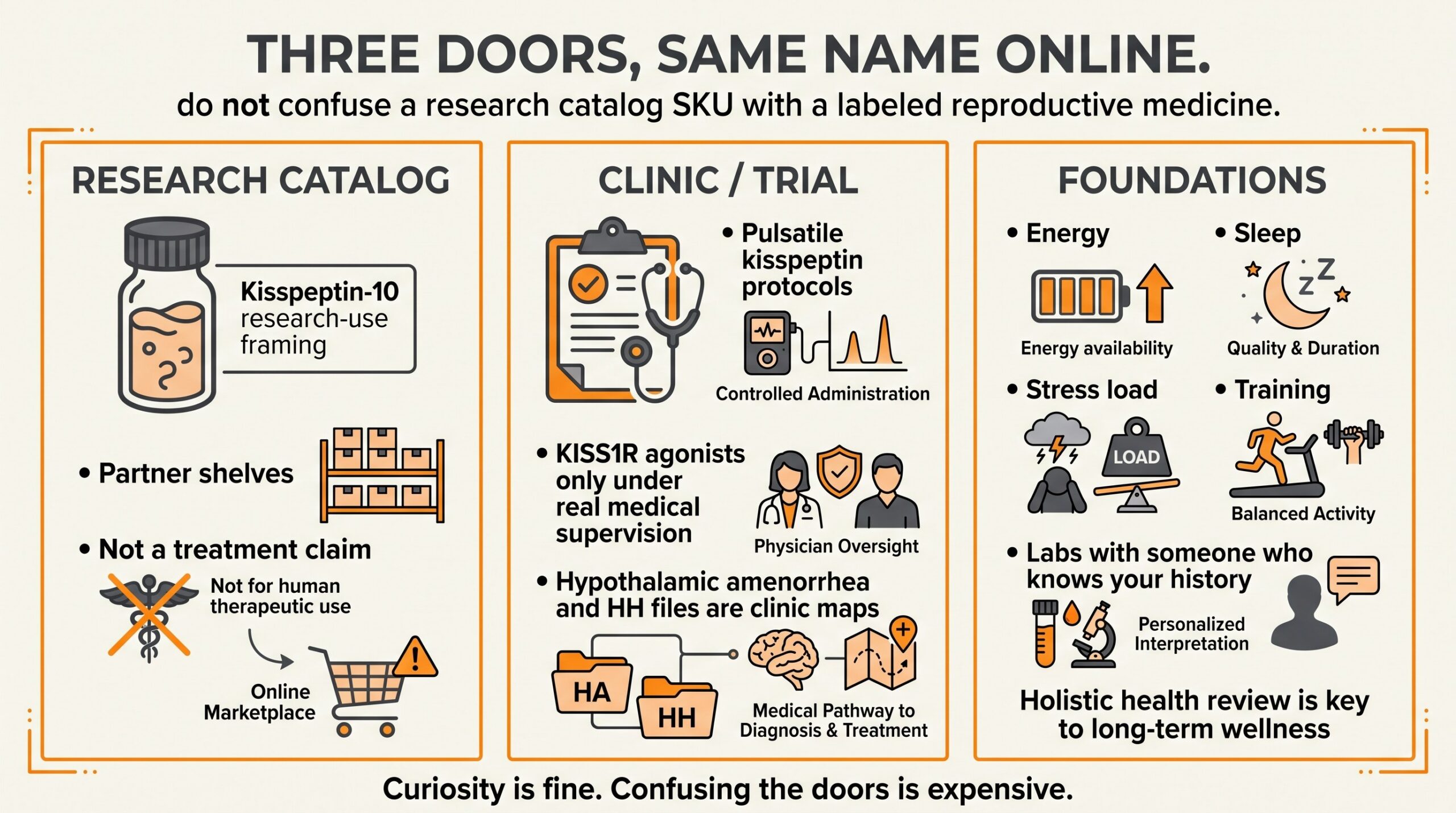 Three doors comparison for kisspeptin: research catalog, clinic or trial, and foundation habits.