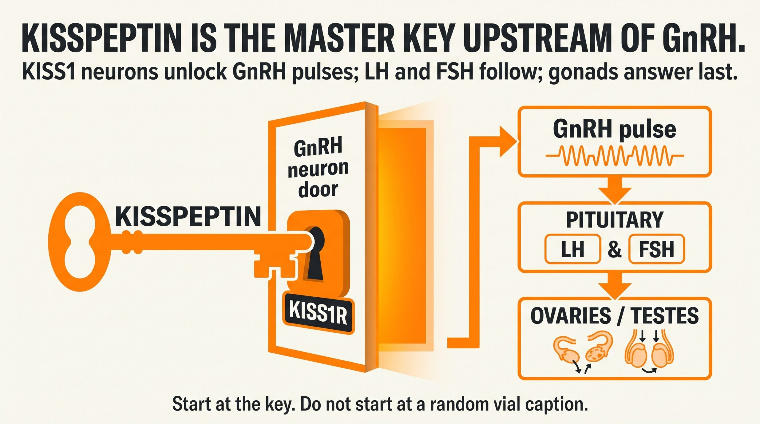 Teaching diagram: kisspeptin as a master key unlocking the GnRH neuron door through KISS1R, then pituitary LH/FSH, then ovaries or testes.