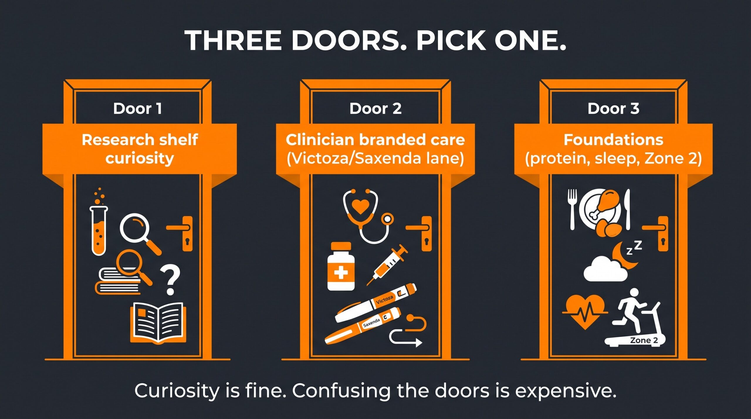 Three doors comparison for liraglutide: research catalog listing, clinician branded care, and foundation habits.