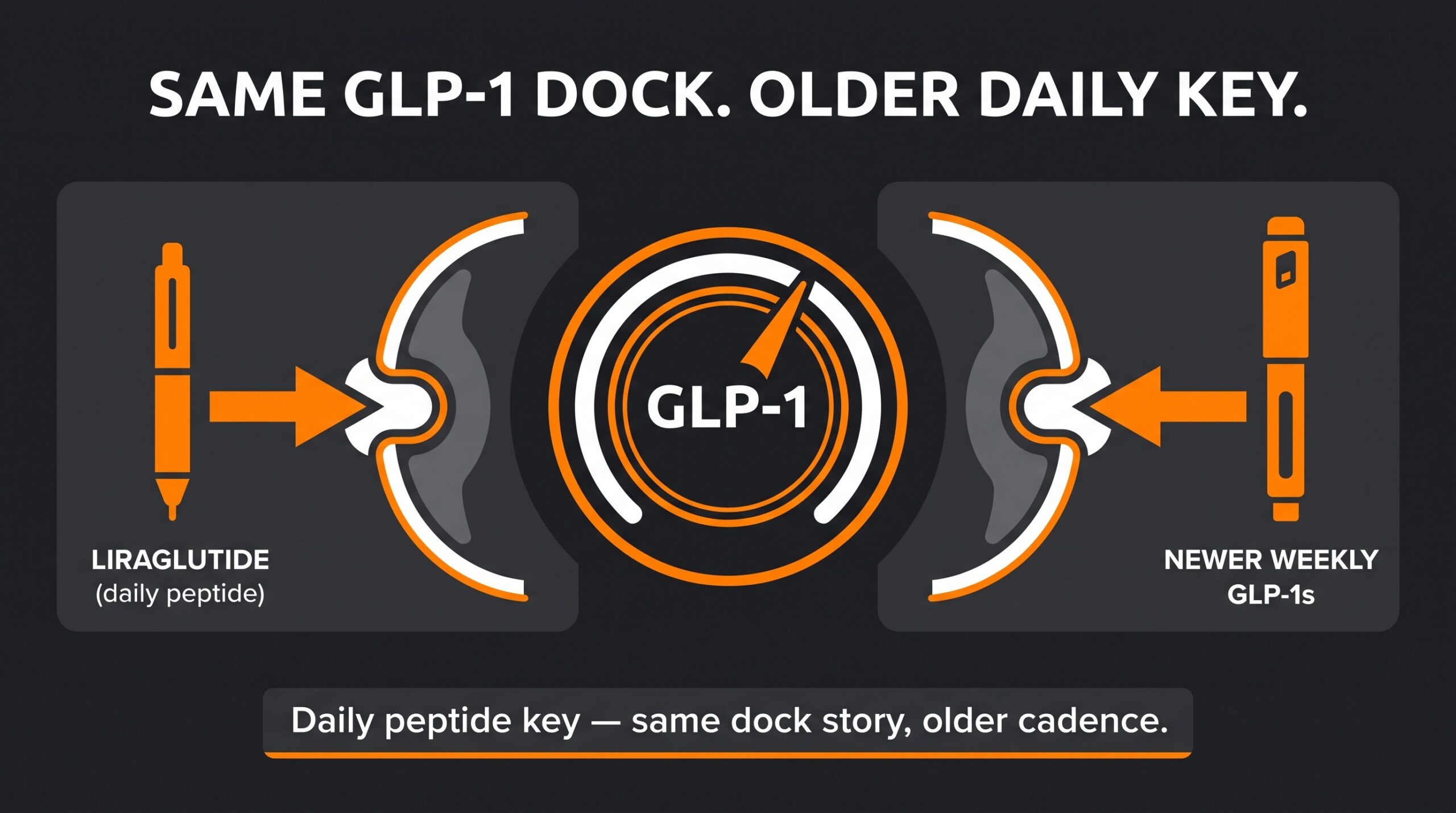 Teaching diagram: liraglutide daily peptide key versus newer weekly GLP-1 keys on the same GLP-1 dial.