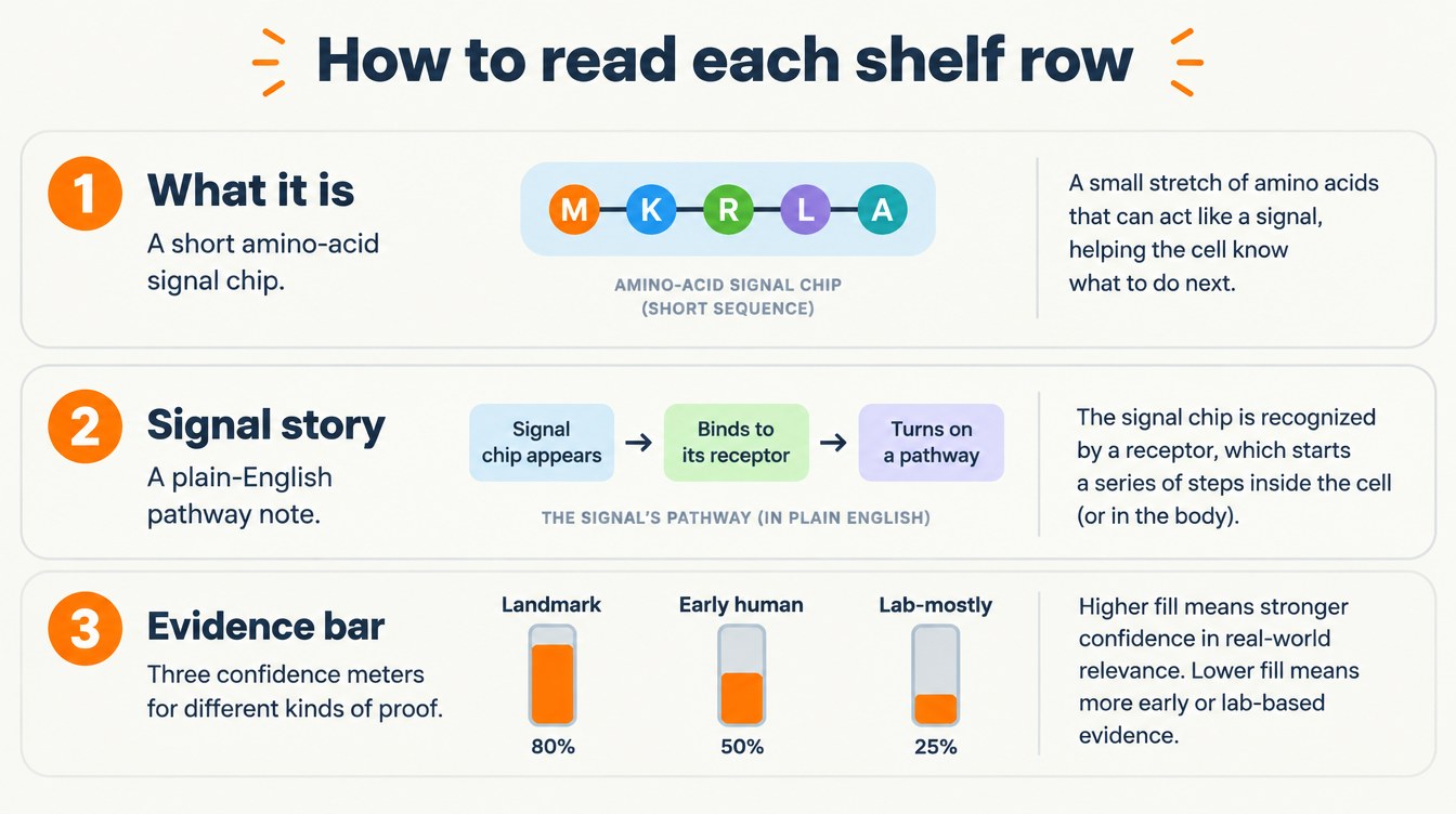 Teaching diagram: how to read each peptide shelf row