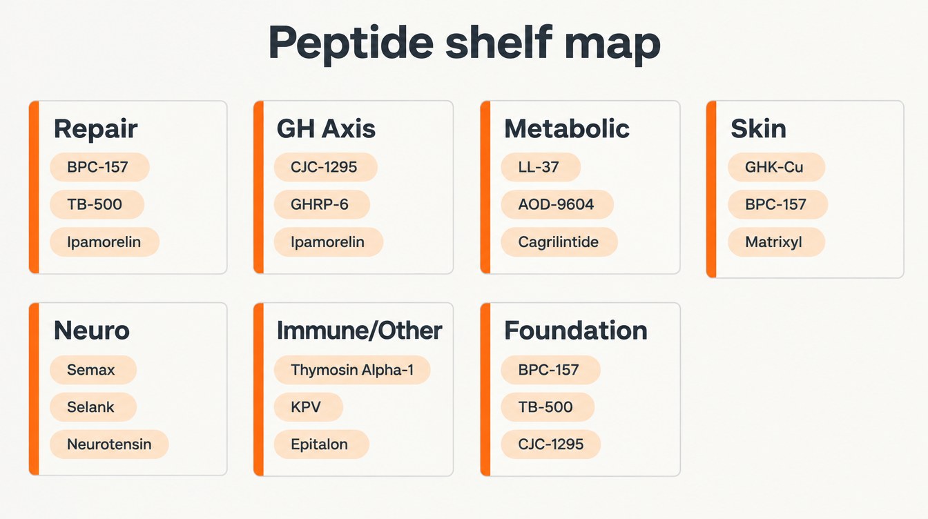 Teaching diagram: peptide shelf map by research lanes