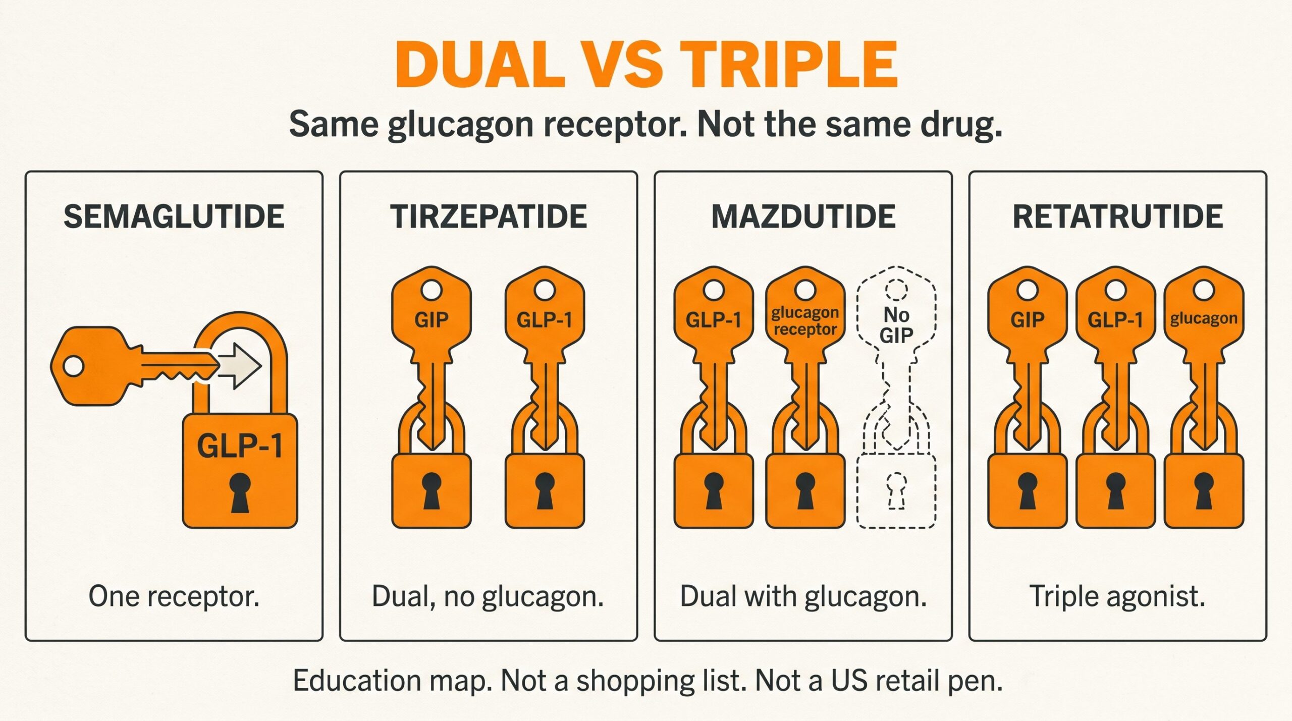 Teaching diagram of mazdutide vs retatrutide: semaglutide hits GLP-1, tirzepatide hits GIP plus GLP-1, mazdutide hits GLP-1 plus glucagon with no GIP, retatrutide hits GIP plus GLP-1 plus glucagon.