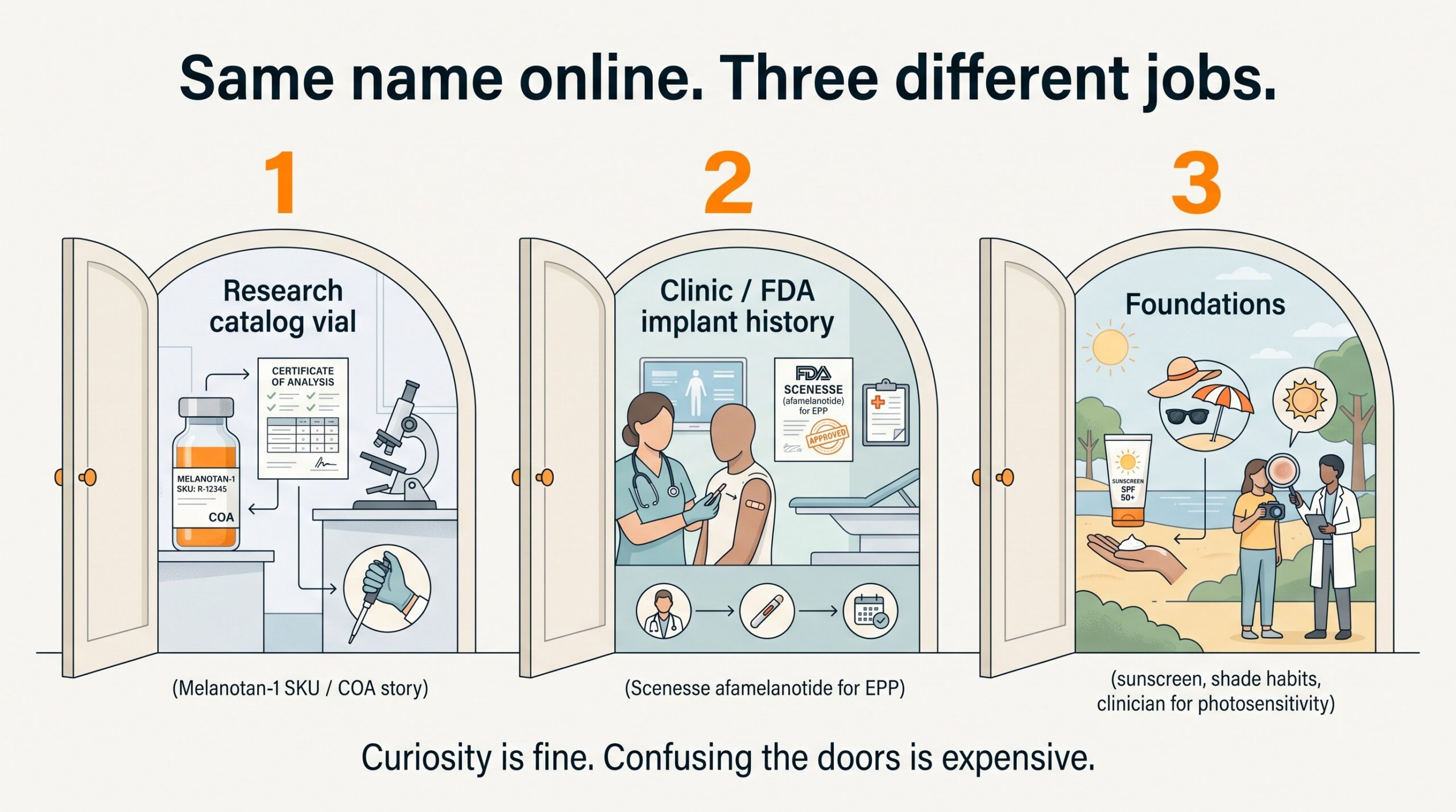Three doors comparison for Melanotan-1: research catalog vial, FDA implant clinic history, and foundation sun habits.