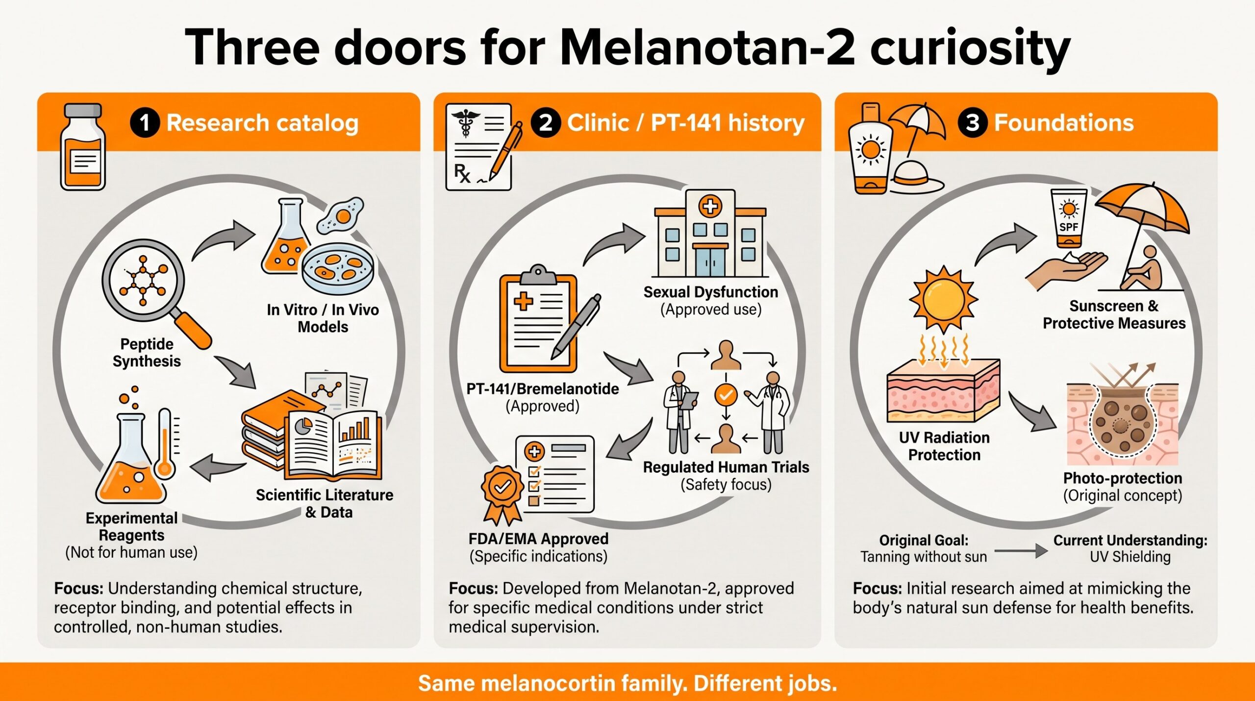 Three doors comparison for Melanotan-2: research catalog vial, clinic and PT-141 history, and foundation sun habits.