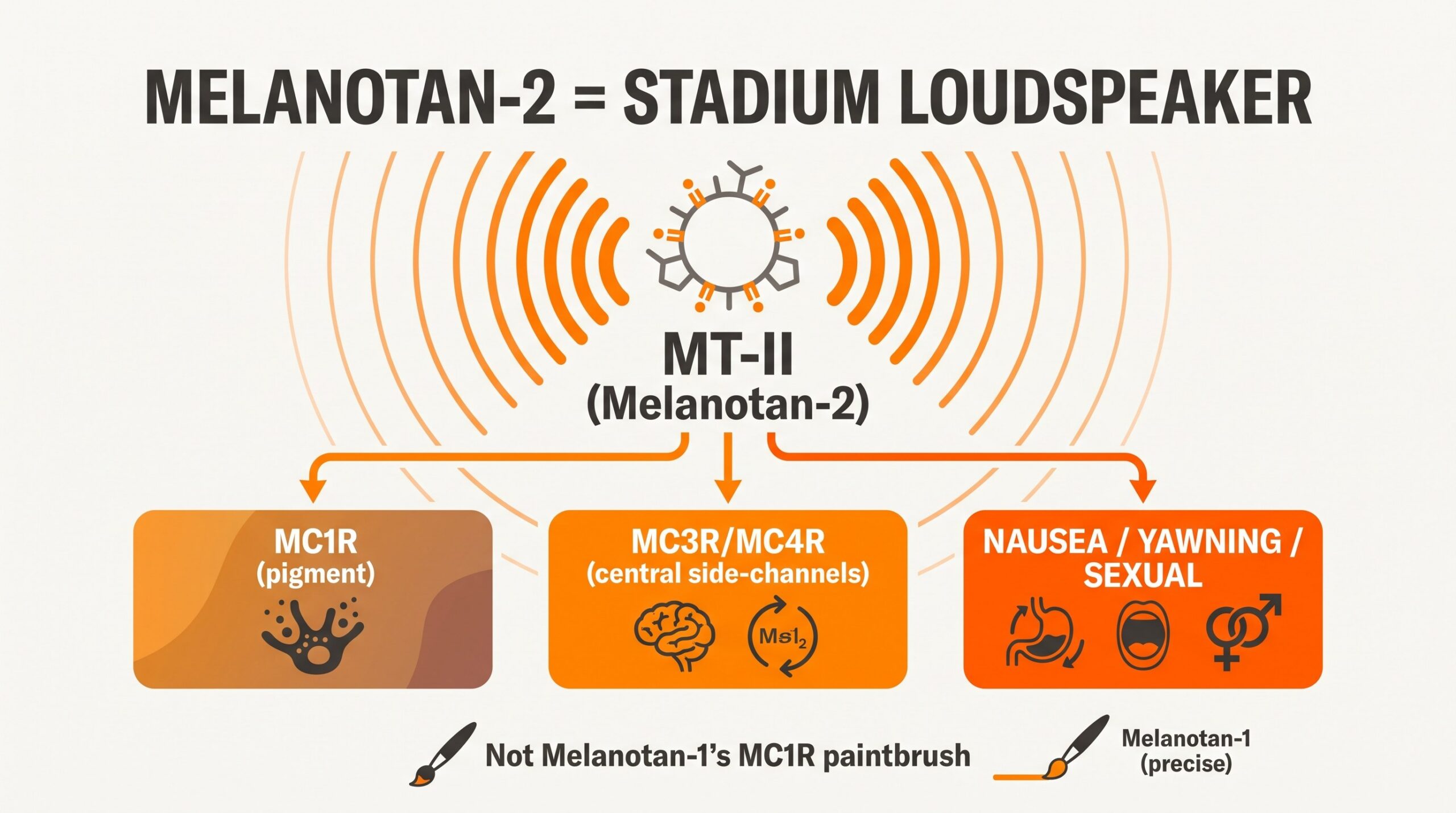 Teaching diagram: Melanotan-2 as a stadium loudspeaker hitting MC1R pigment plus MC3R/MC4R side-channels, not Melanotan-1 paintbrush.