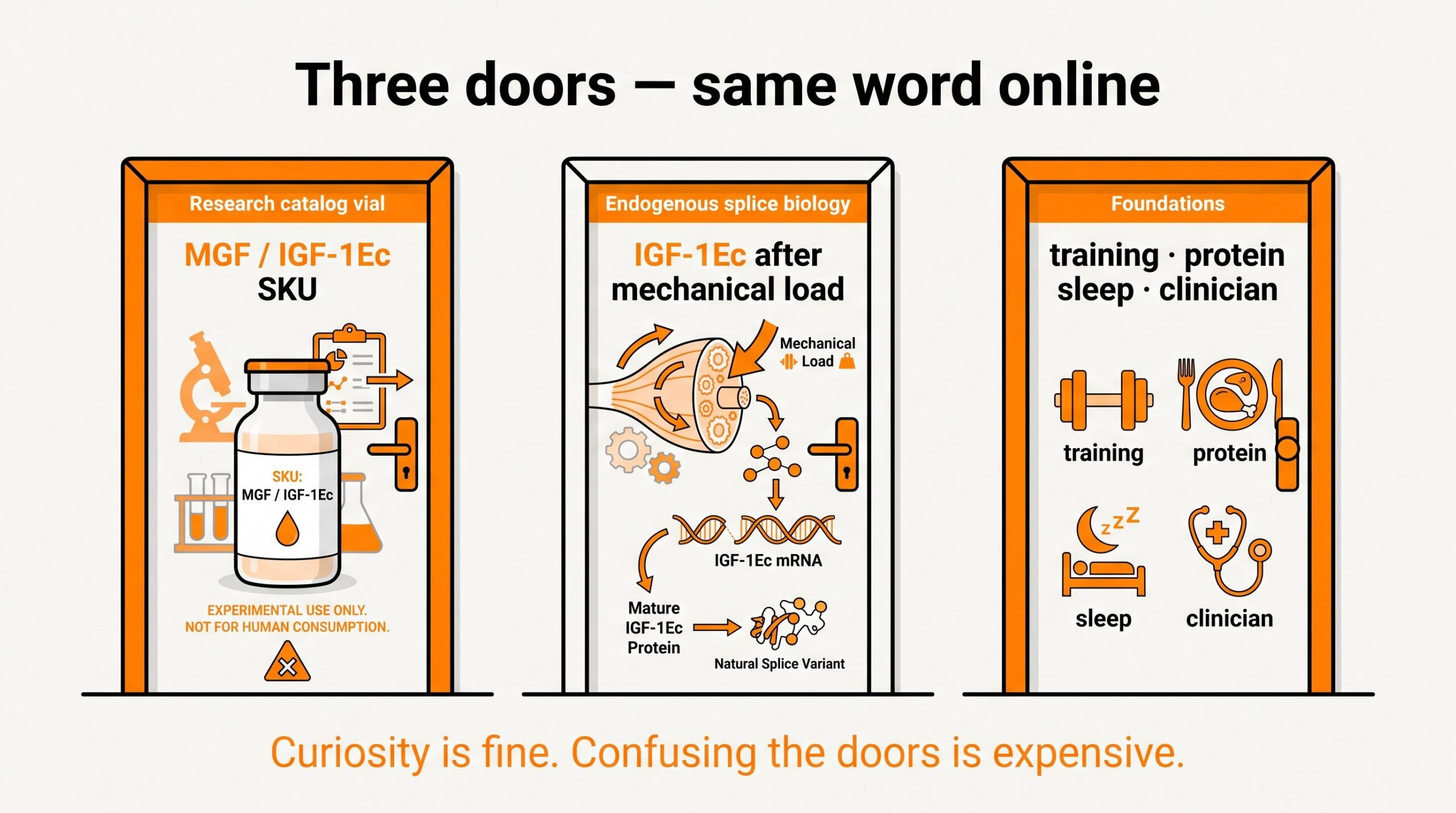 Three doors comparison for MGF: research catalog vial, endogenous IGF-1Ec splice biology after mechanical load, and foundation training habits.