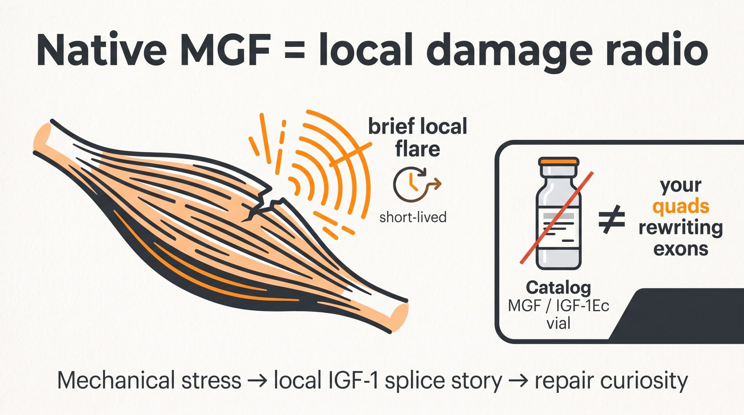 Teaching diagram: native MGF as a short-lived local damage radio after mechanical stress versus a catalog MGF / IGF-1Ec research vial.