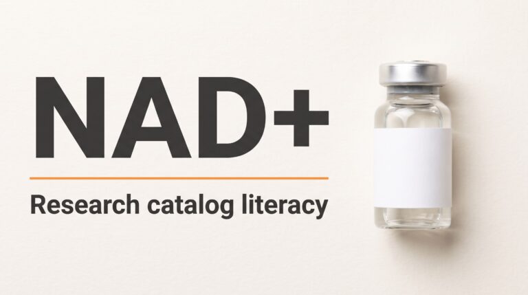 NAD+ research vial — longevity education and research catalog literacy map