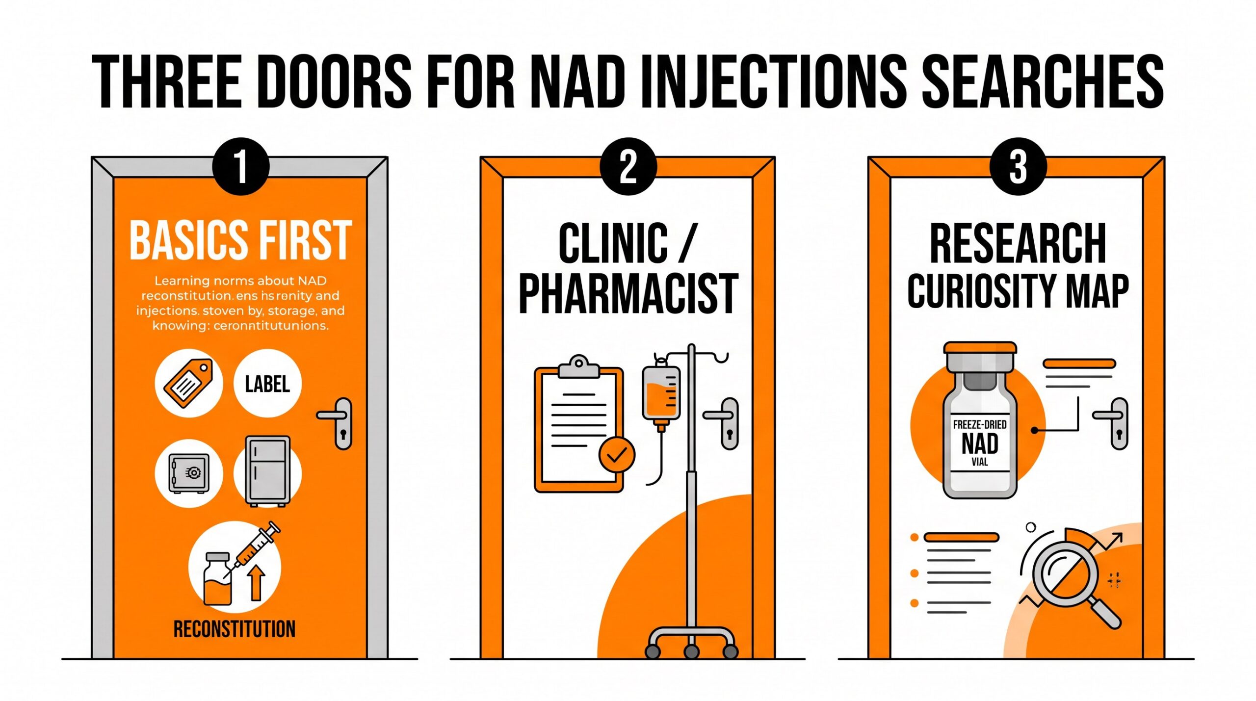 Teaching diagram: three doors for NAD injections searches — basics first, clinic or pharmacist, and research curiosity map.
