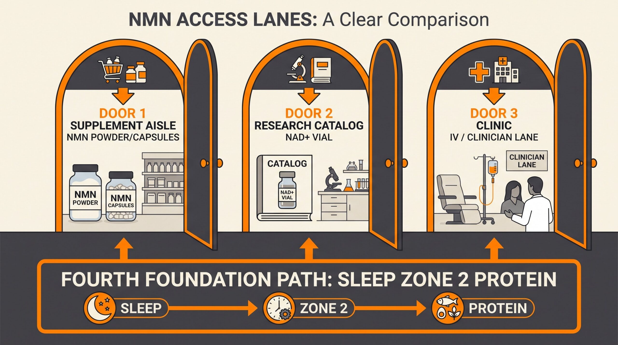 Four-lane comparison for NMN: supplement aisle, research-catalog NAD+ vial, clinic IV, and foundation habits.