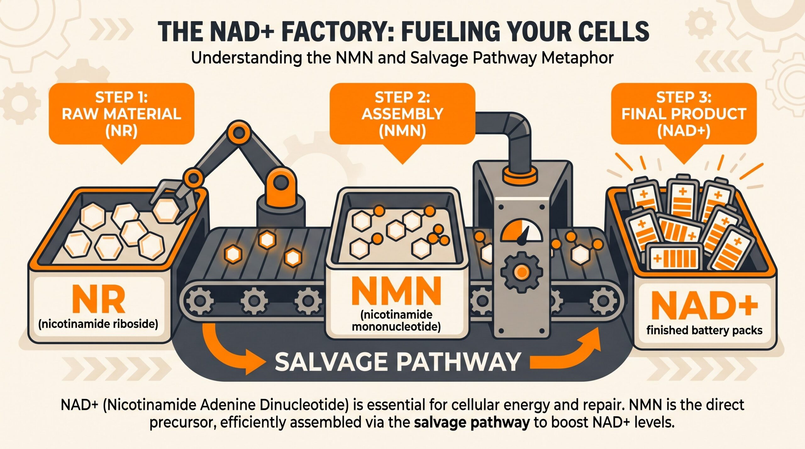Teaching diagram: NR and NMN as upstream parts on a salvage-pathway assembly line that builds NAD+ battery packs.