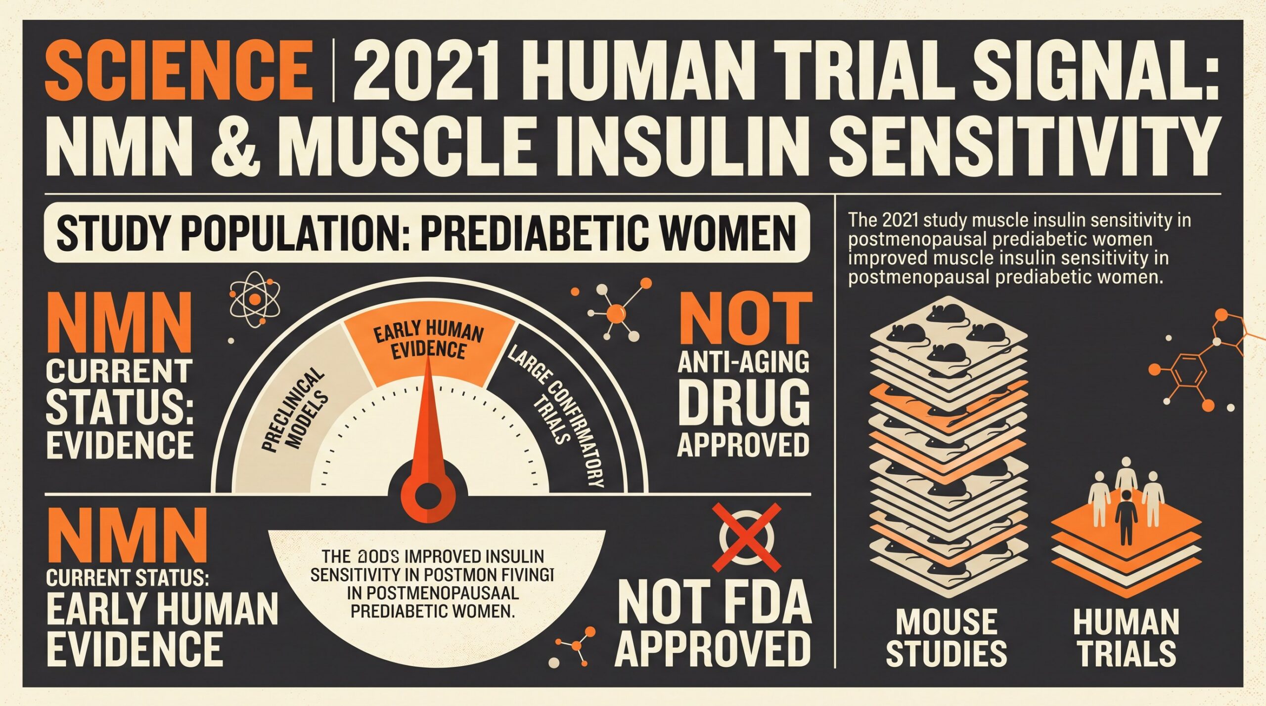 Teaching diagram: Science 2021 NMN human evidence confidence dial pointing to early human signal, not an anti-aging drug label.