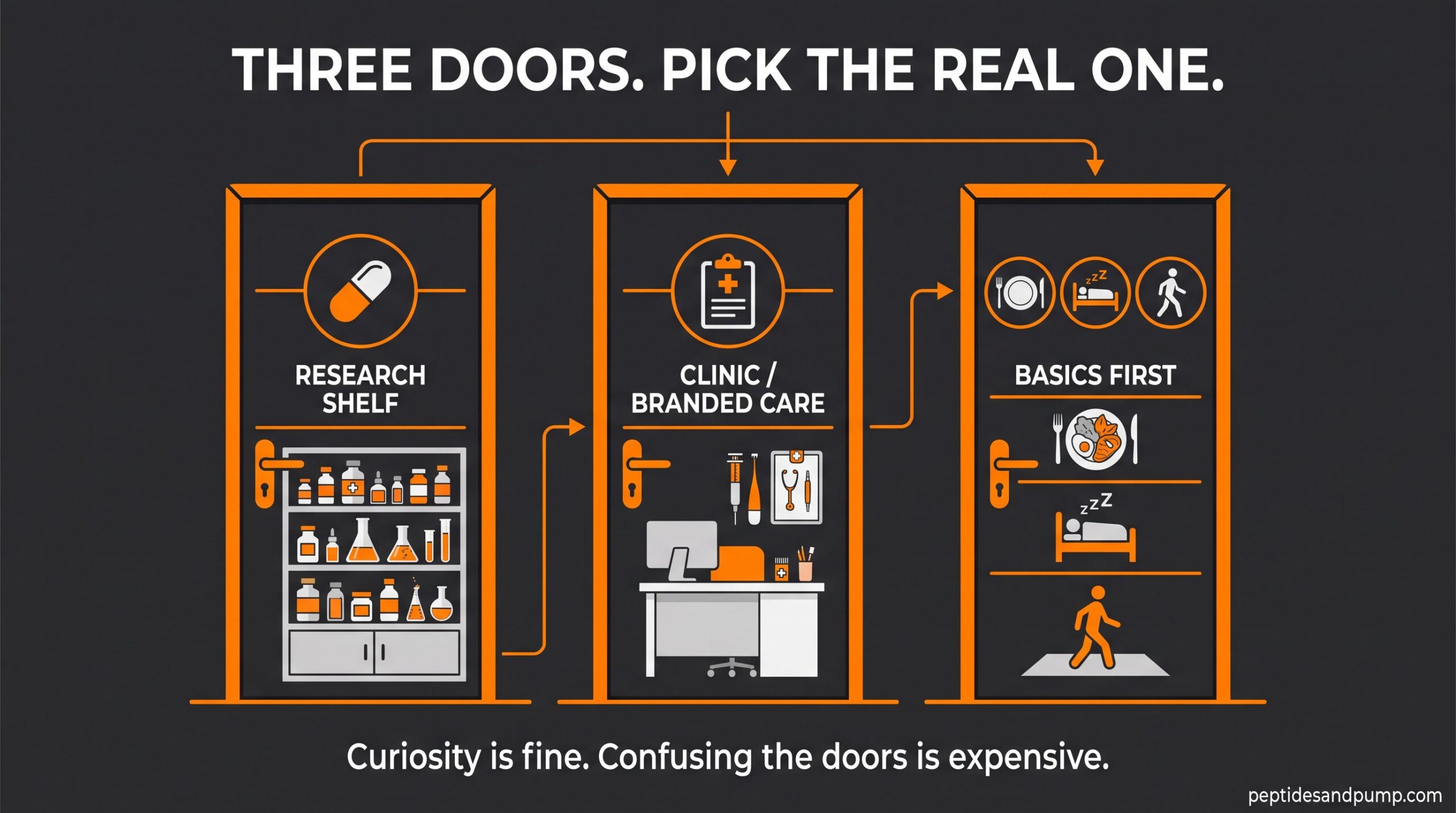 Three doors comparison for orforglipron: research catalog listing, clinician branded care, and foundation habits.