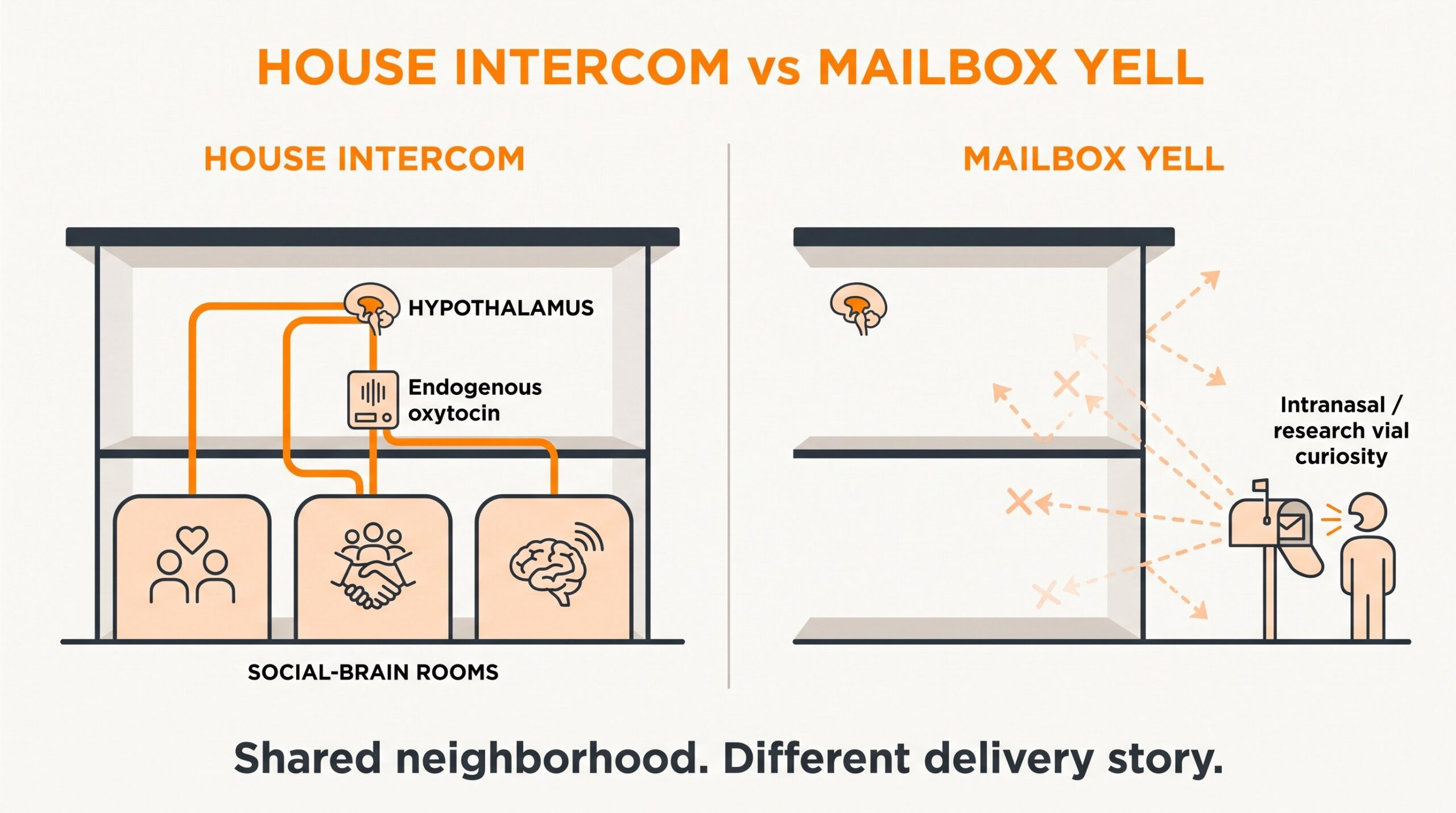 Teaching diagram: endogenous oxytocin as a wired house intercom from the hypothalamus versus intranasal or research-vial curiosity as yelling into a mailbox.