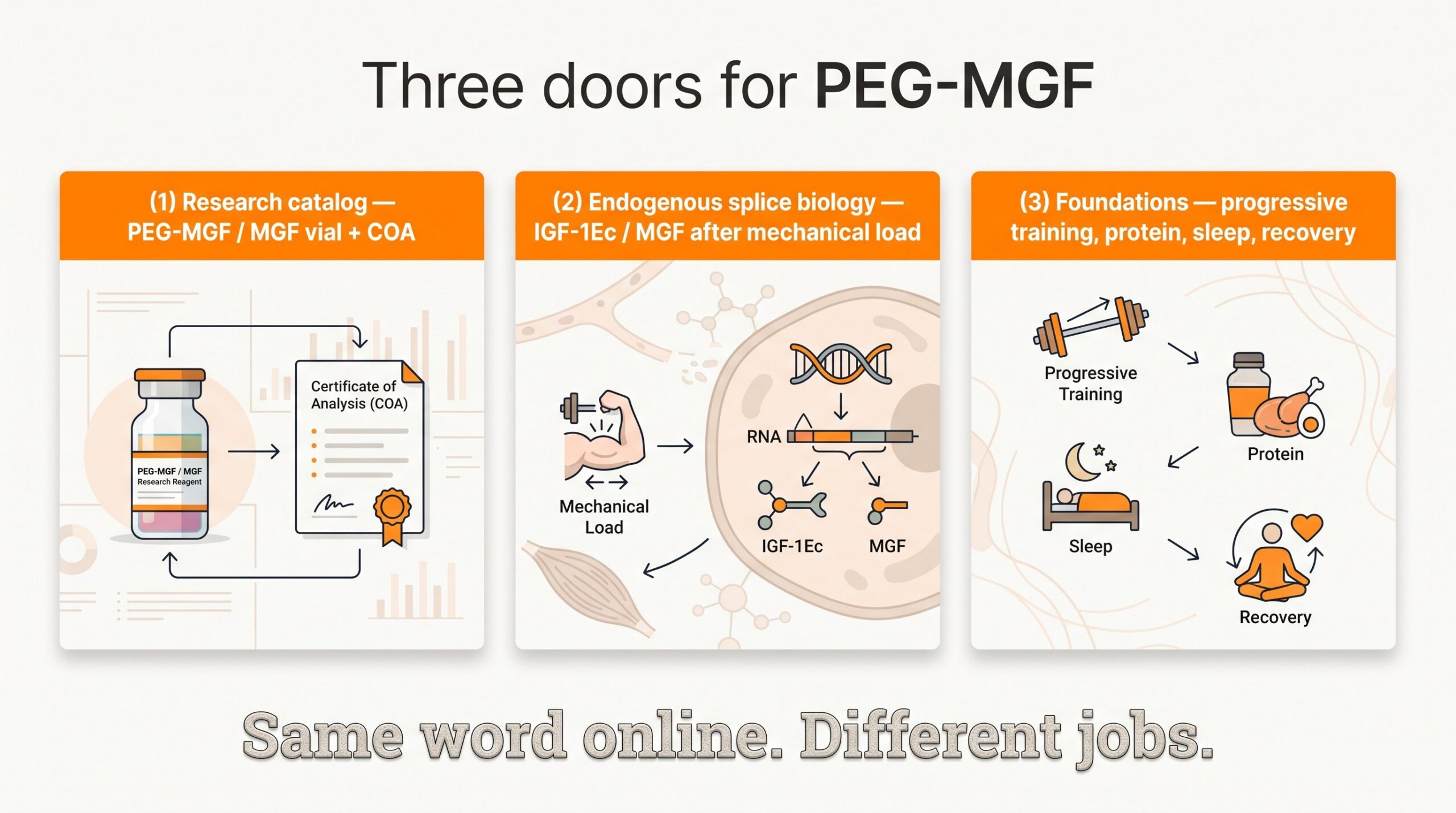 Three doors comparison for PEG-MGF: research catalog vial, endogenous IGF-1Ec splice biology after mechanical load, and foundation training habits.