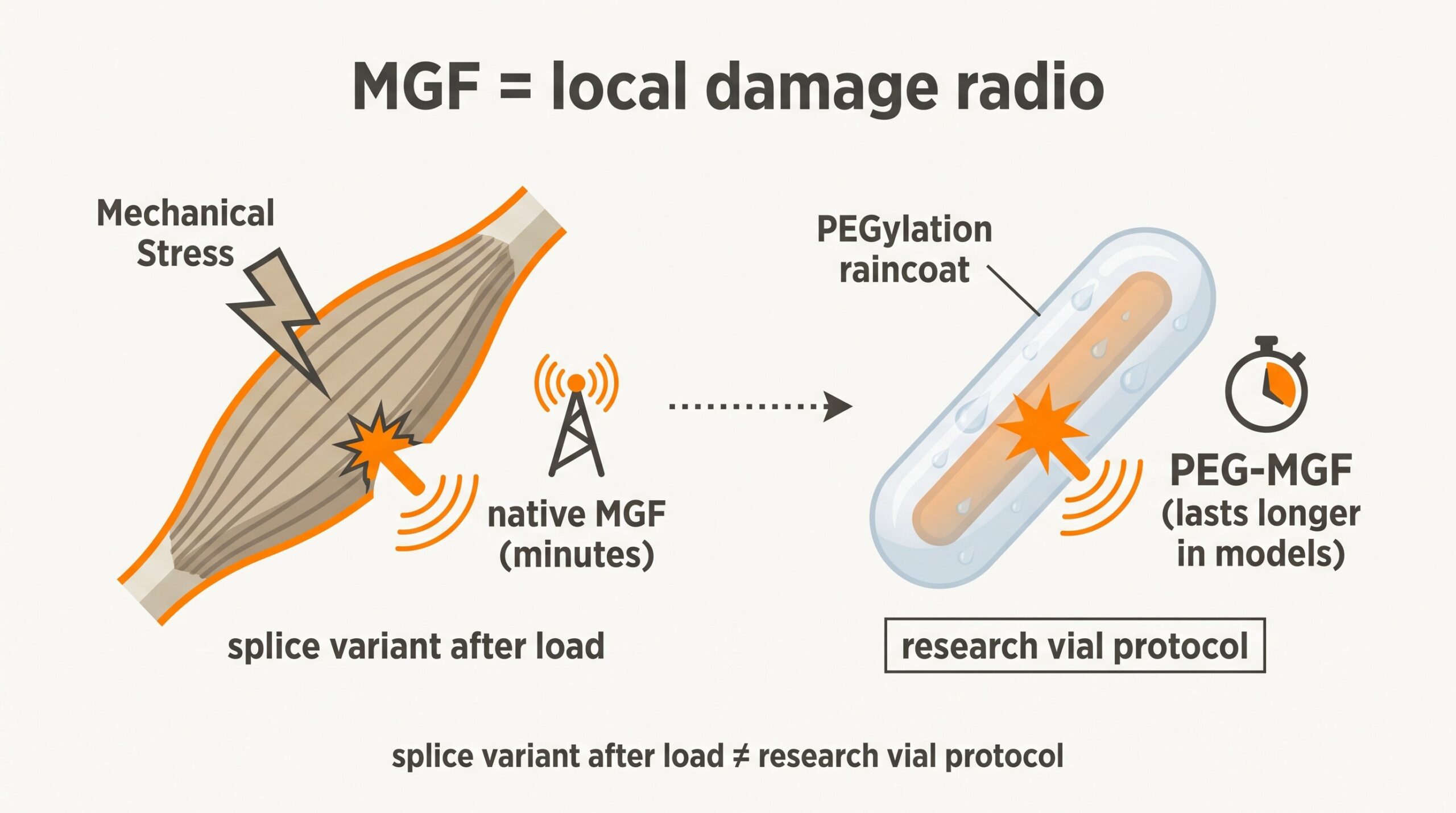 Teaching diagram: native MGF as a short-lived local damage radio after mechanical stress versus PEG-MGF as the PEGylated longer-lasting research cousin.