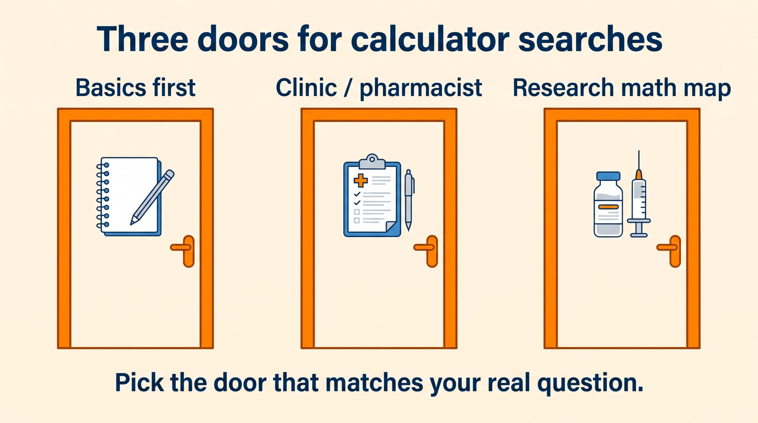 Teaching diagram: three doors for peptide calculator searches — basics first, clinic or pharmacist, and research math map.