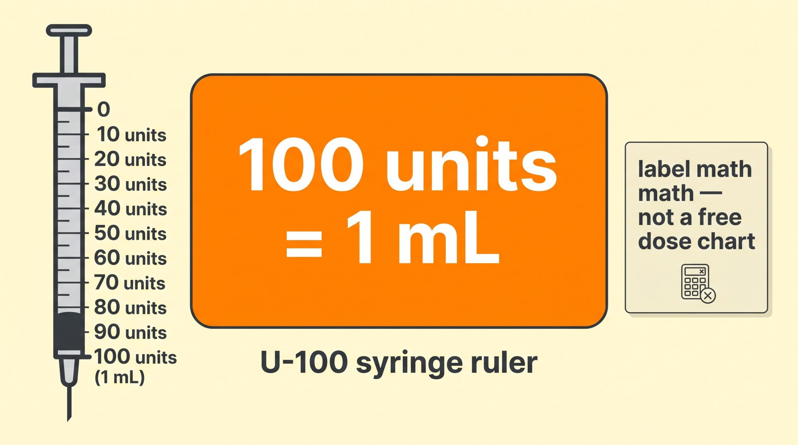 Teaching diagram: U-100 insulin syringe ruler showing 100 units equals 1 milliliter for peptide calculator math.