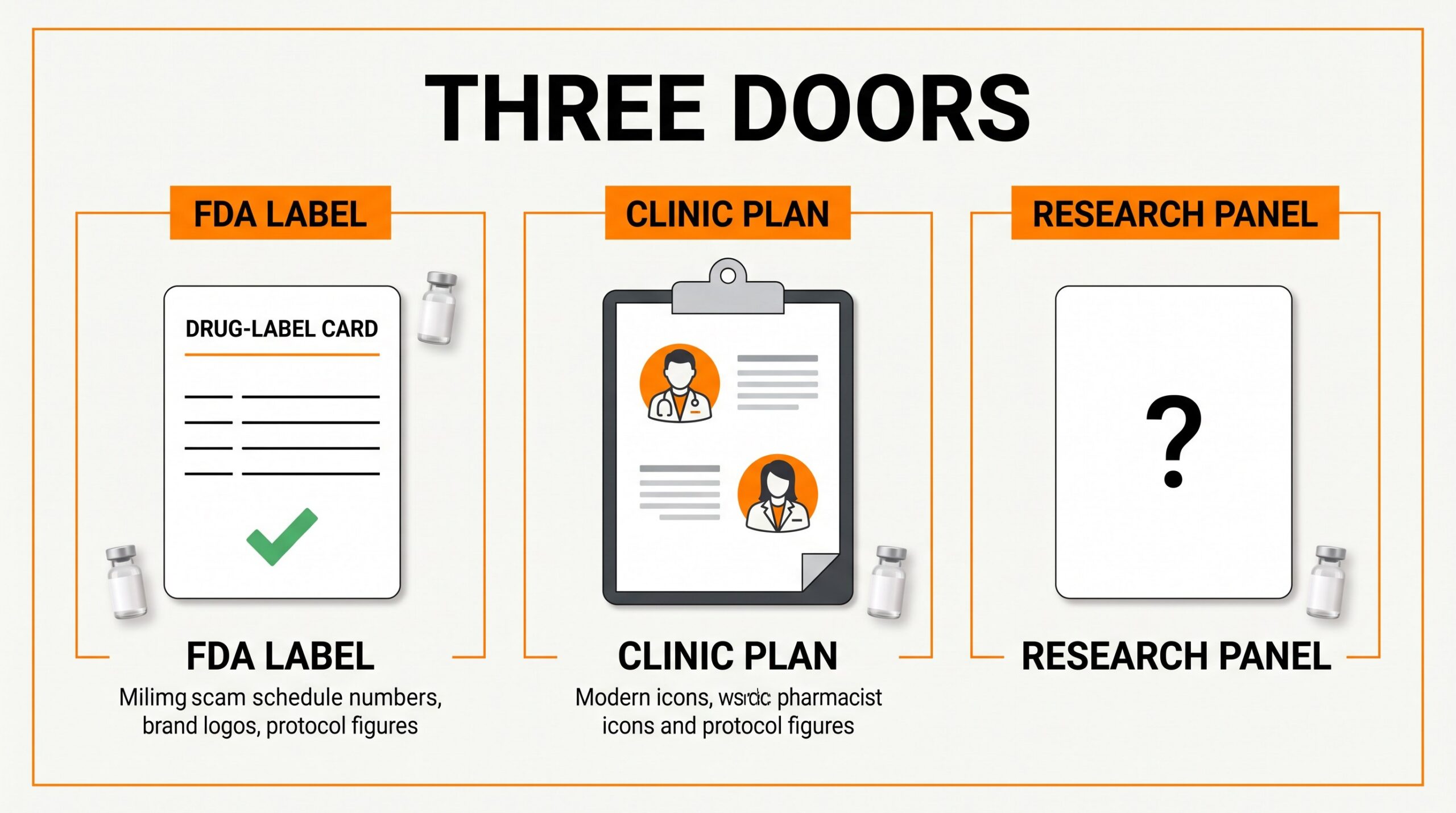 Teaching diagram: three doors for peptide dosage — FDA label dose, clinic plan, and blank research panel.