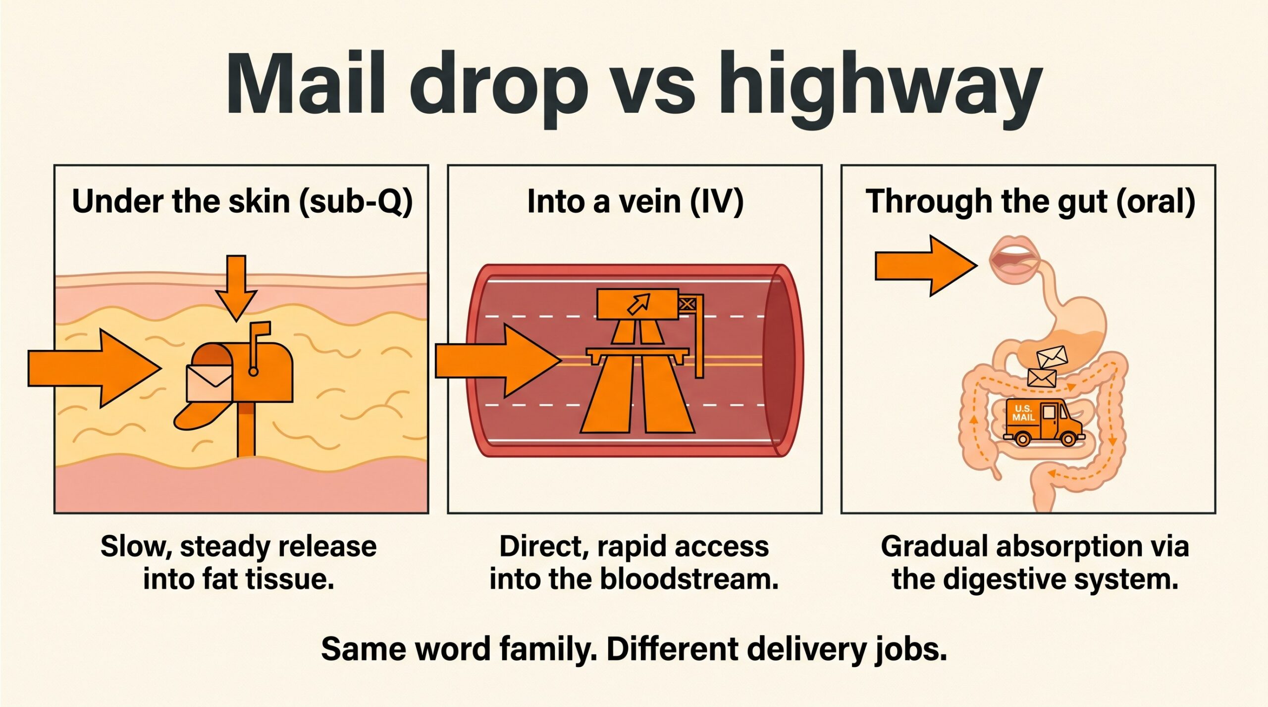 Teaching diagram: peptide injections as mail drop vs highway — under the skin, into a vein, and through the gut.