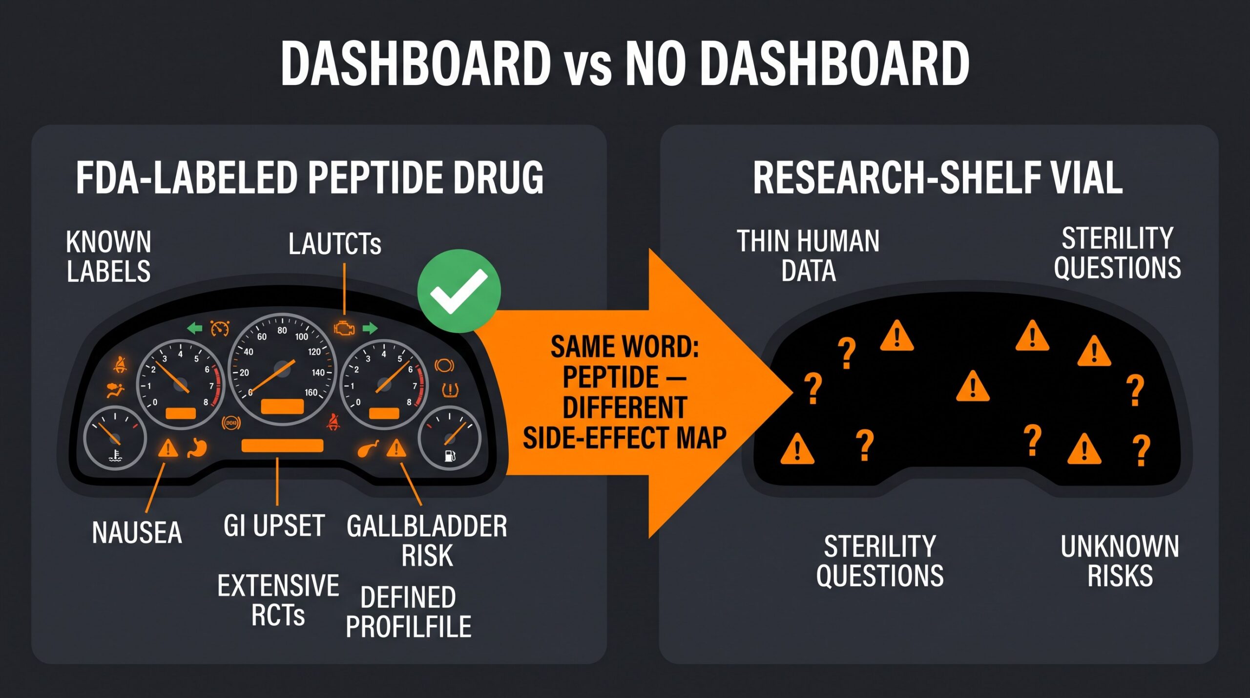 Teaching diagram: FDA-labeled peptide drug dashboard with known warning lights versus blank research-shelf panel.