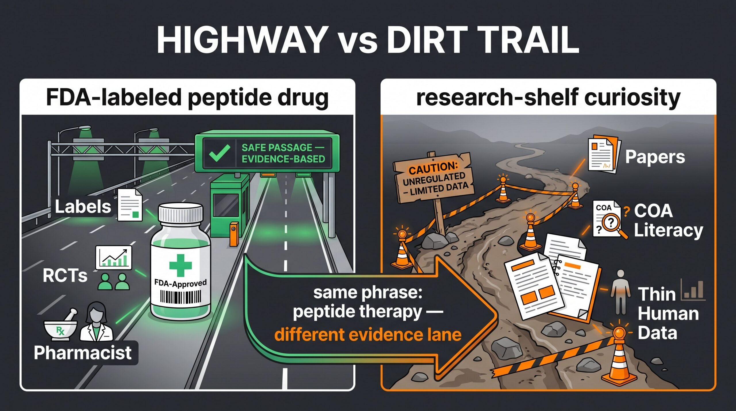 Teaching diagram: highway FDA-labeled peptide drug versus dirt-trail research-shelf curiosity for peptide therapy.