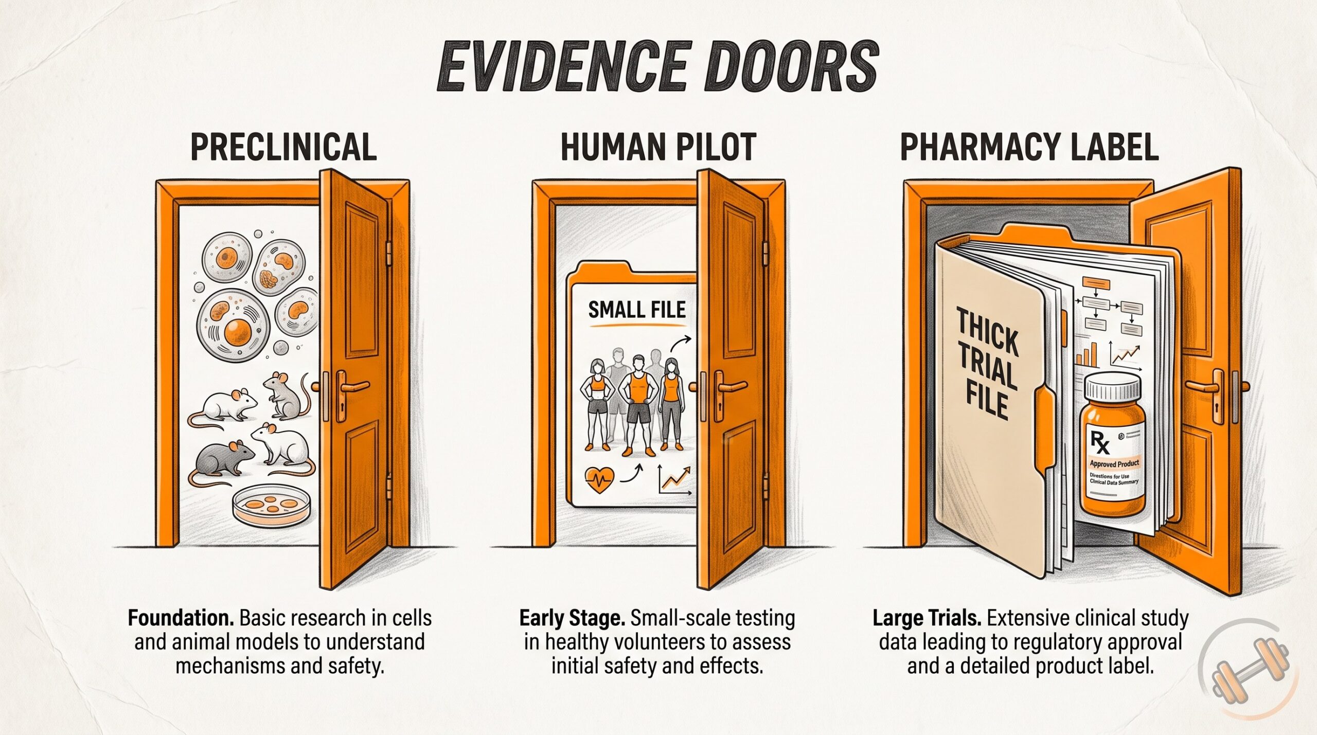 Teaching diagram: preclinical vs human pilot vs pharmacy label evidence doors for bodybuilding peptides.