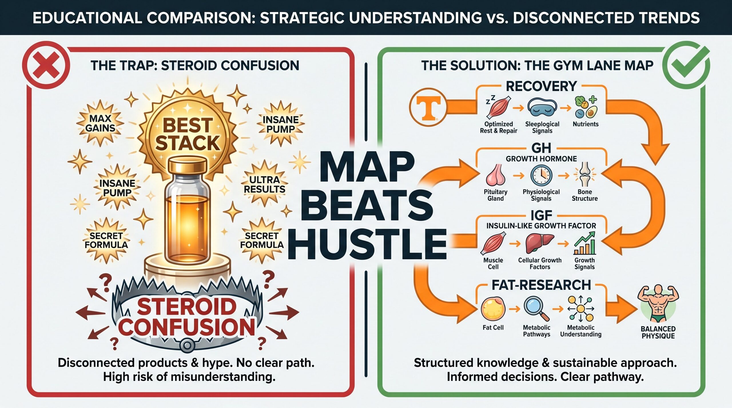 Teaching diagram: bodybuilding peptide hustle crown versus an honest gym lane map.