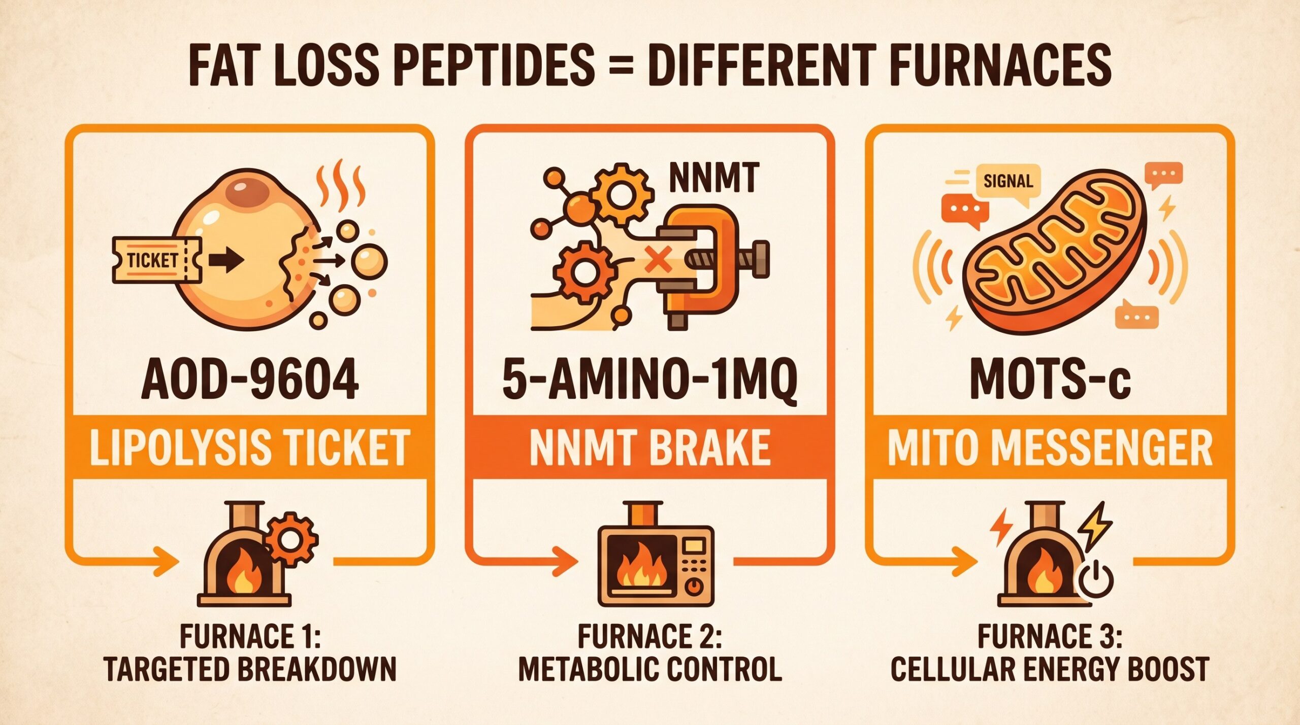 Teaching diagram: fat-loss peptides as different furnaces — AOD-9604 lipolysis ticket, 5-Amino-1MQ NNMT brake, MOTS-c mito messenger.