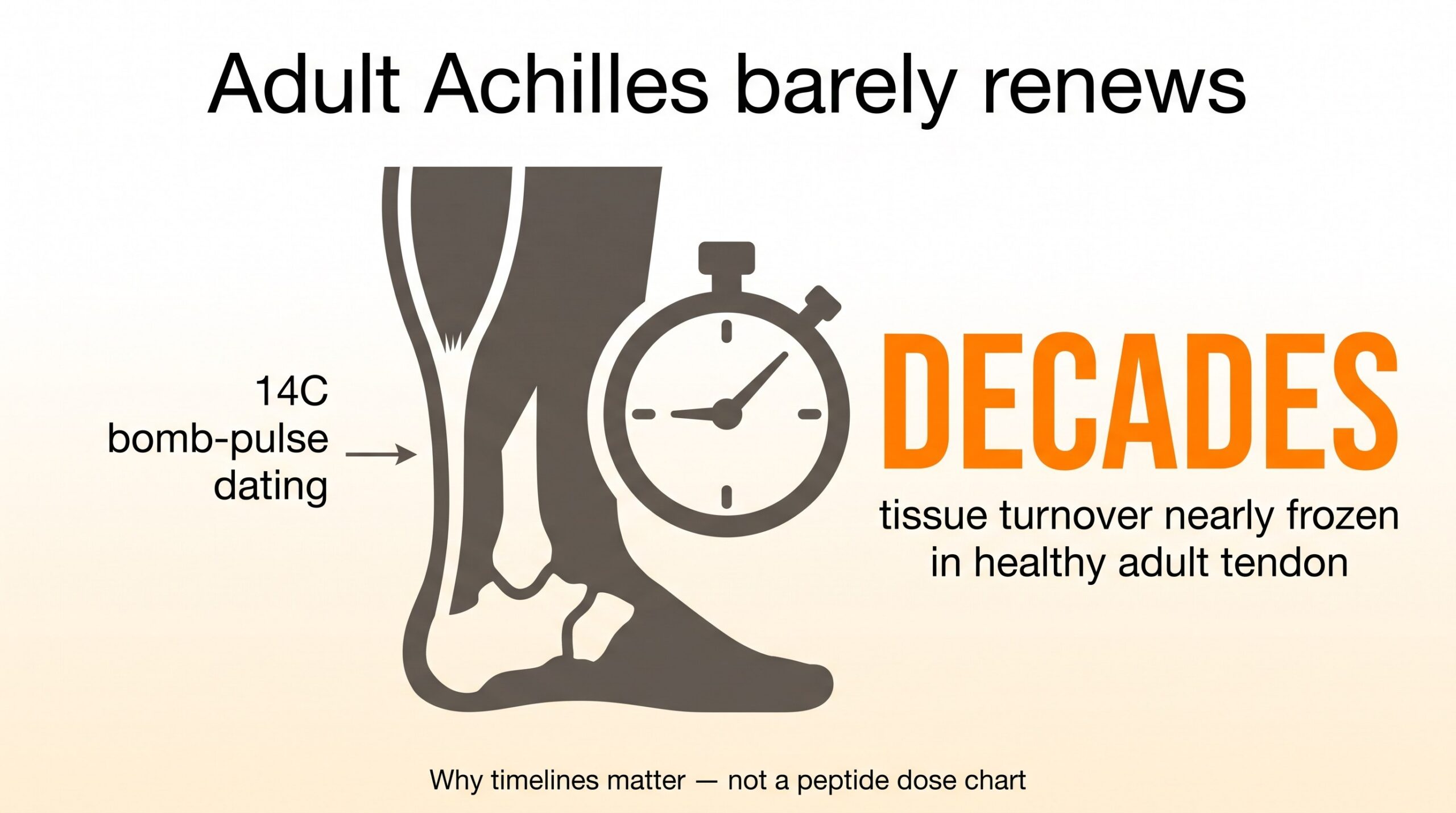 Teaching diagram: adult Achilles tendon tissue turnover nearly frozen over decades in 14C dating research.