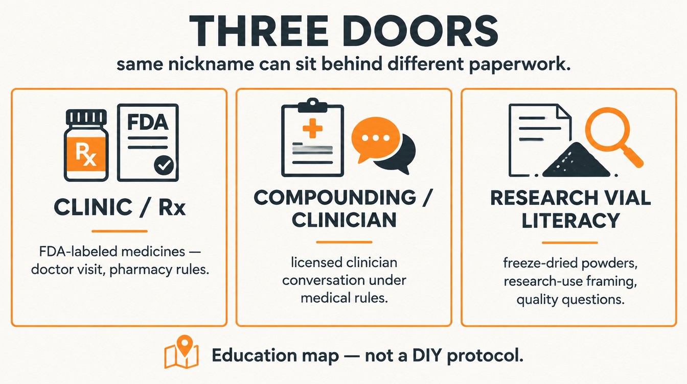 Teaching diagram: clinic Rx door vs compounding clinician door vs research vial literacy door