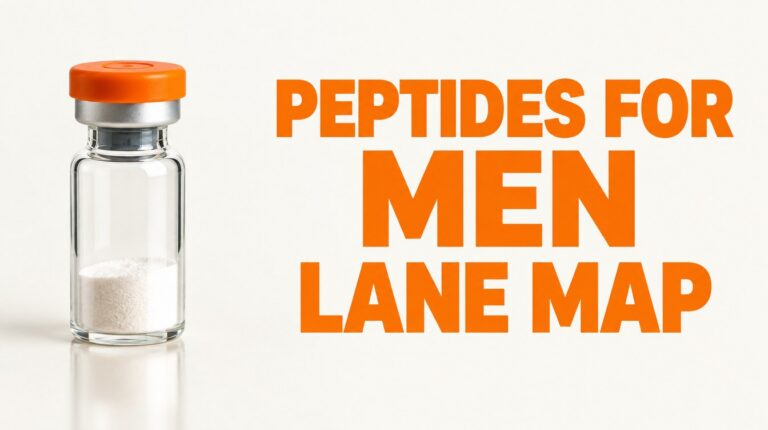 Peptides for men lane map featured thumbnail — vial and bold type, education only