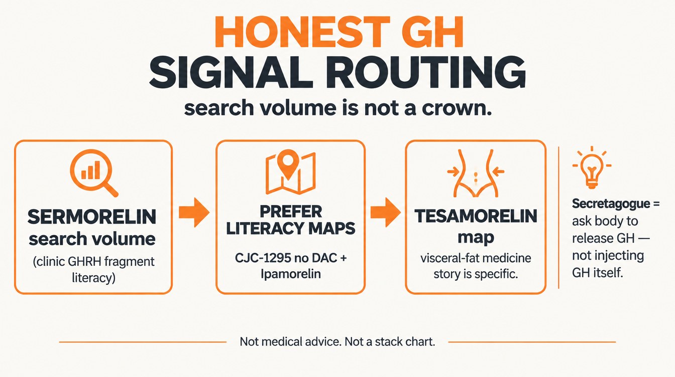 Teaching diagram: honest GH signal routing from Sermorelin search volume toward CJC no DAC, Ipamorelin, and Tesamorelin maps