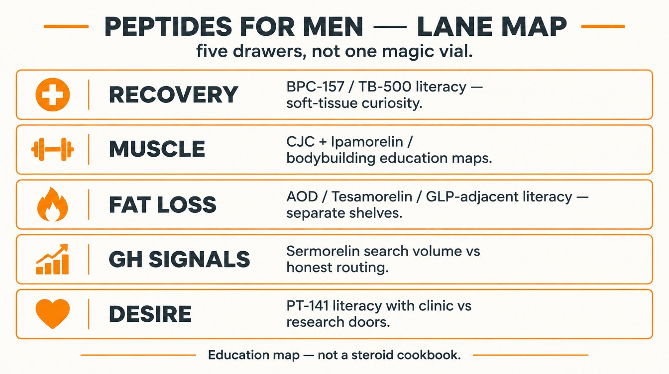 Teaching diagram: men's peptide lane map across recovery, muscle, fat loss, GH signals, and desire education