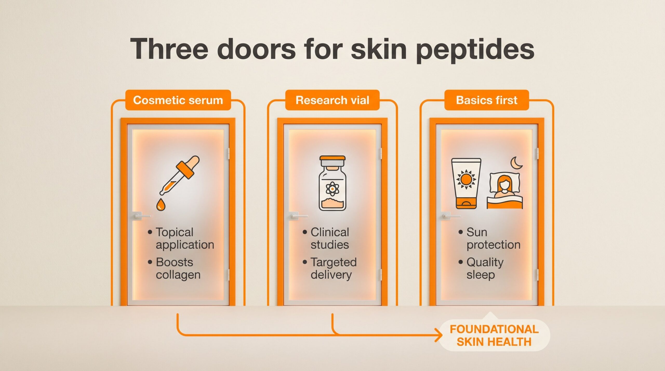 Teaching diagram: three doors for skin peptides — cosmetic serum, research vial, and basics first.
