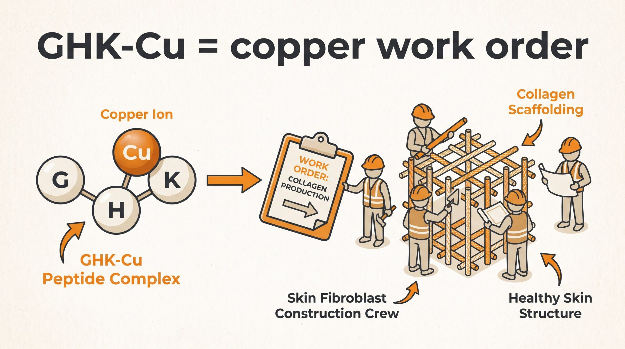 Teaching diagram: GHK-Cu as a copper work order handed to skin repair cells.