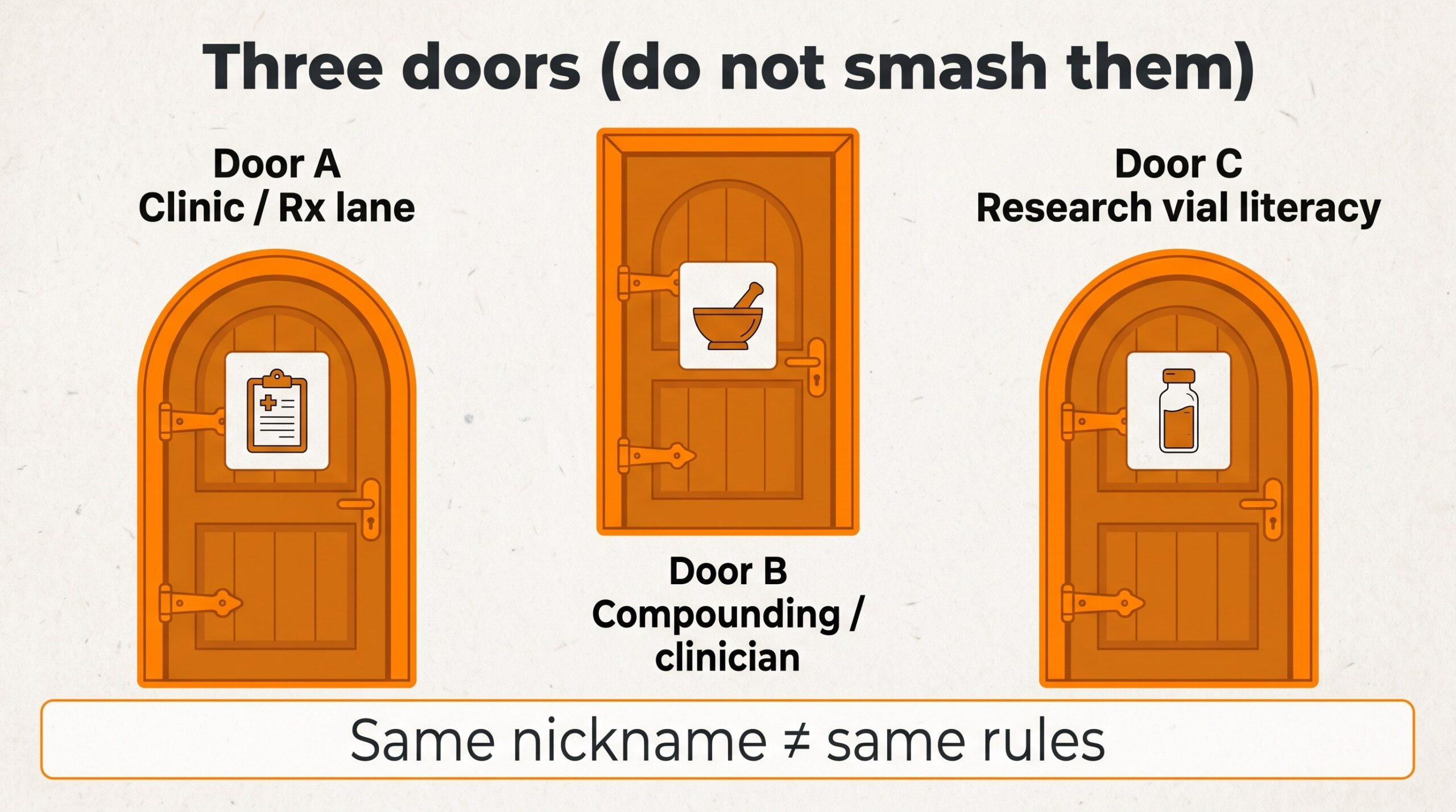 Teaching diagram: clinic Rx door vs compounding clinician door vs research vial literacy door