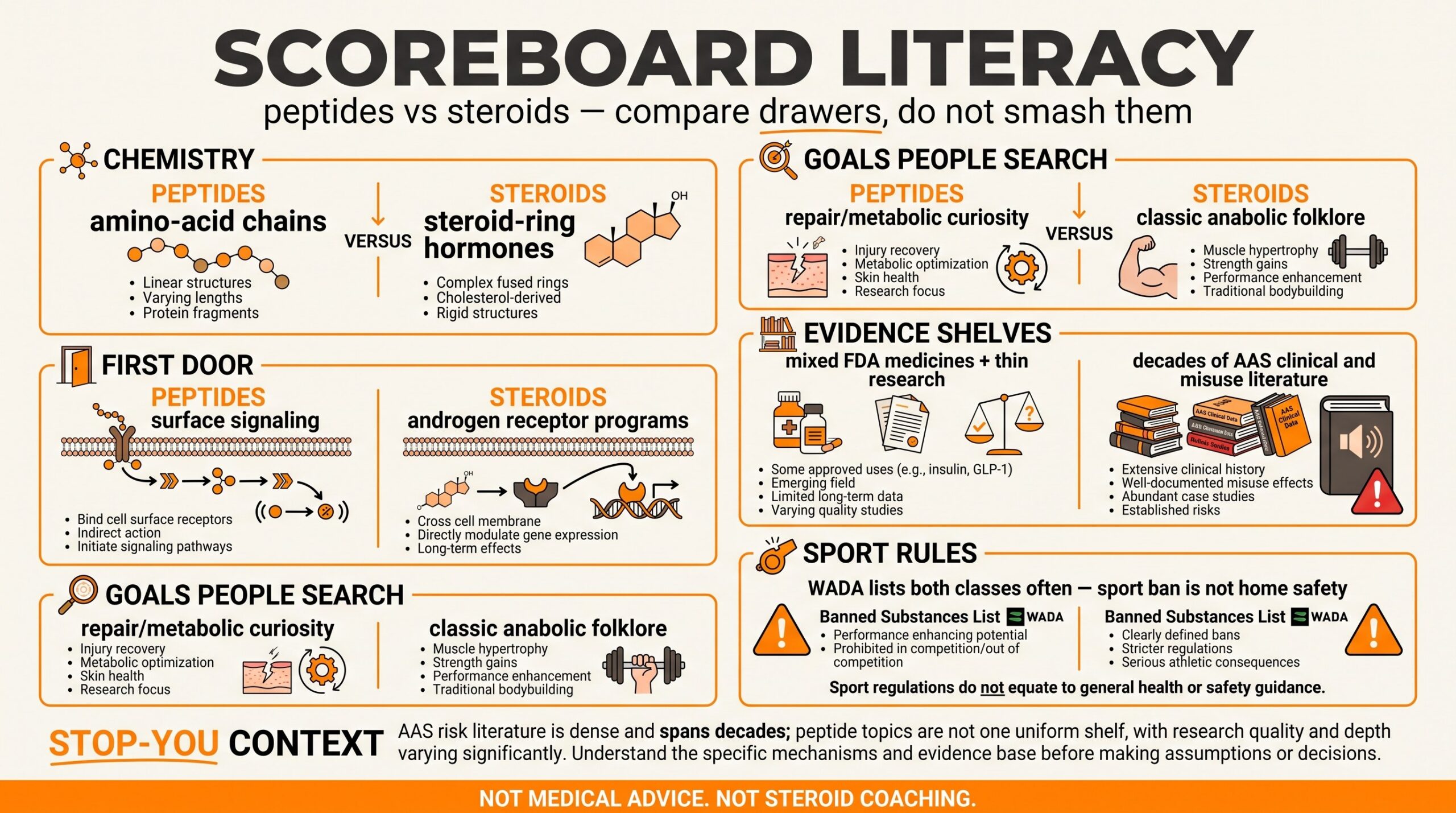 Teaching diagram: peptides vs steroids scoreboard literacy — chemistry, signal door, goals, evidence, sport rules