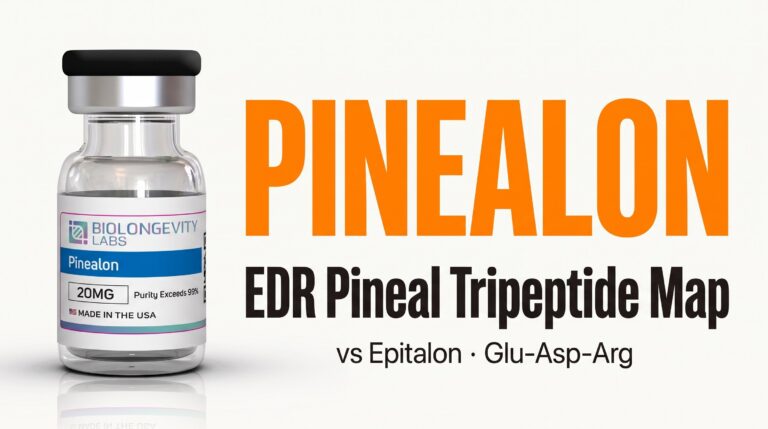 Pinealon BioLongevity Labs research vial — EDR pineal tripeptide research map vs Epitalon