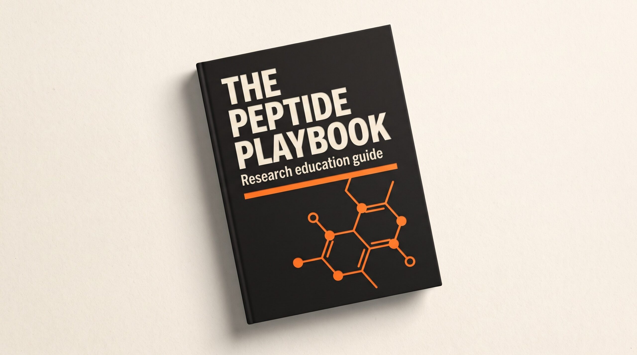 The Peptide Playbook cover — black research guide with orange molecular accent