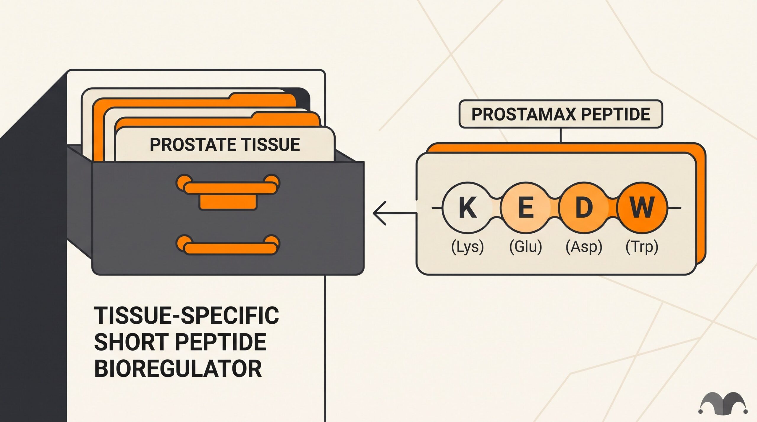 Teaching diagram: Prostamax KEDW tetrapeptide as a library card keyed to a prostate tissue filing drawer.