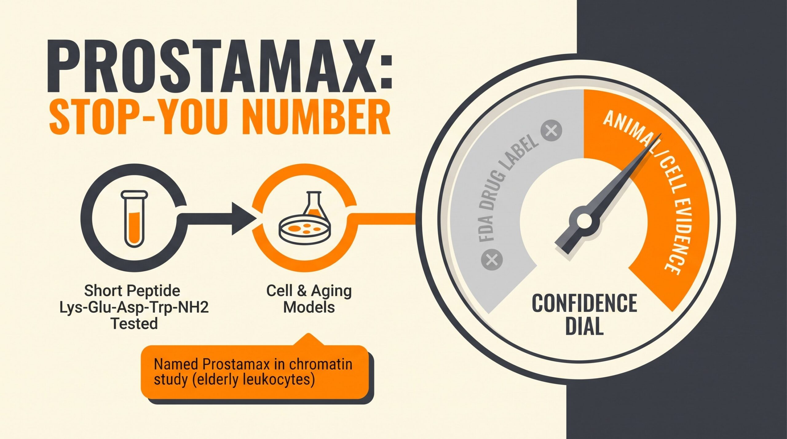 Teaching diagram: Prostamax evidence confidence dial pointing to animal and cell tiers, not an FDA drug label.